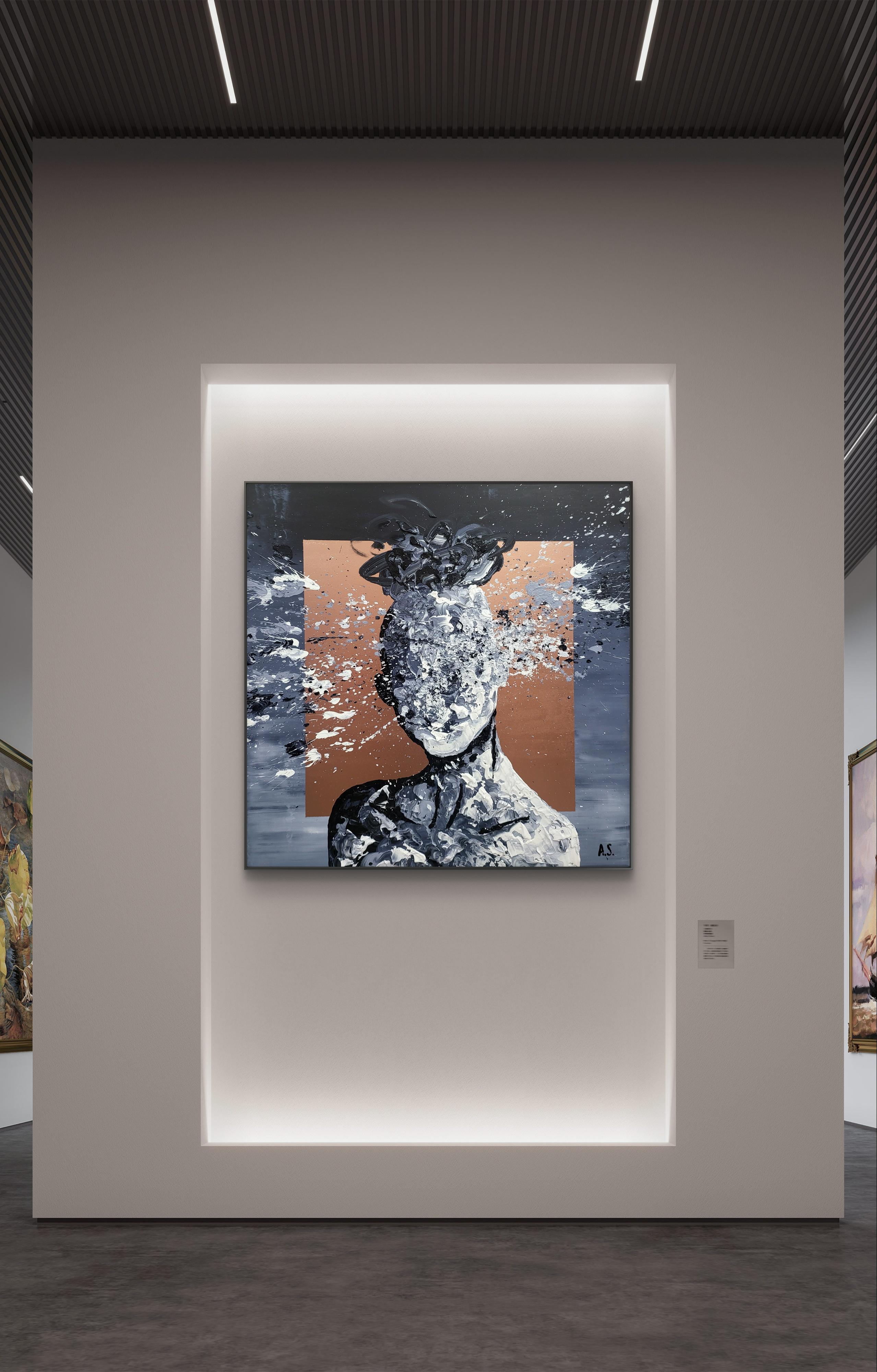In diesem Stück wollte ich die explosive Dynamik menschlicher Emotionen einfangen. Mit Acrylfarben habe ich eine Verschmelzung von abstraktem und Pop-Art-Stil geschaffen und eine Figur dargestellt, deren Gesicht sich in leuchtende Spritzer auflöst,