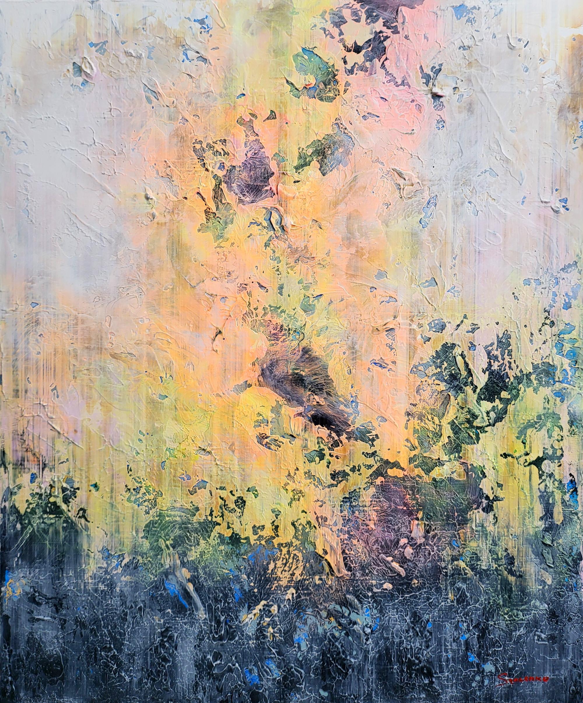 Cette peinture abstraite originale est une exploration captivante de la lumière, de la texture et des transitions émotionnelles. Réalisée à l'aide d'un couteau à palette et composée de riches couches d'acrylique, cette œuvre présente un contraste