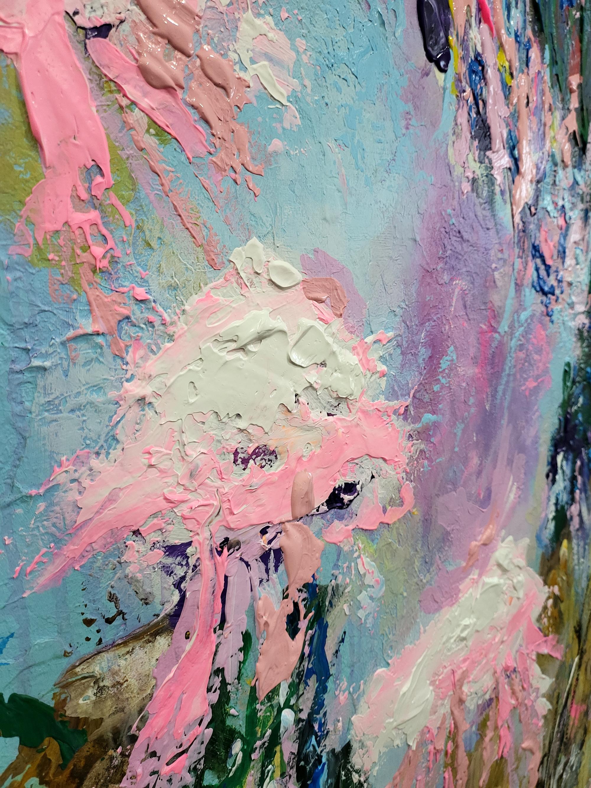 This vibrant artwork captures the essence of a flourishing garden through its bold and expressive brushwork. Dominated by vivid pinks and deep blues, the painting uses a dynamic palette to evoke a sense of lively movement. The textured application