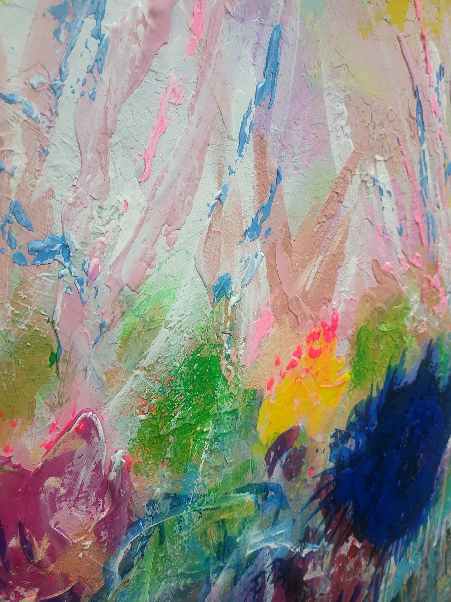 This artwork is a vivid explosion of color and movement, capturing a sense of vibrant energy and celebration. Dominating the scene are dynamic brushstrokes in shades of pink, blue, and green, creating an abstract representation of lively figures