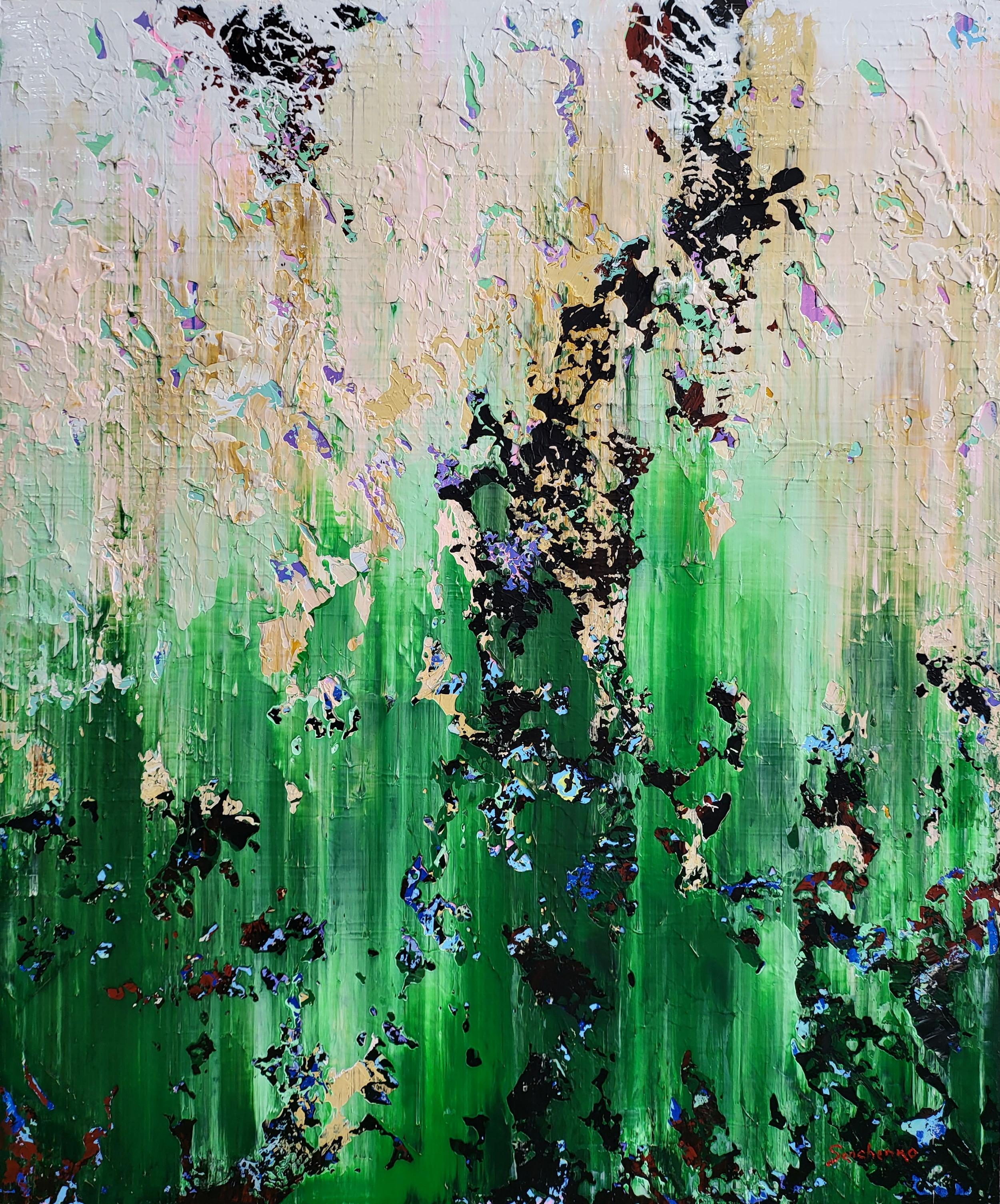 The Thaw - Large Abstract Painting: Impasto Green Acrylic Canvas Art 120x100cm