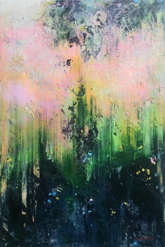 Musgo de terciopelo : Pintura abstracta con textura de impasto de color verde - 150x100cm.