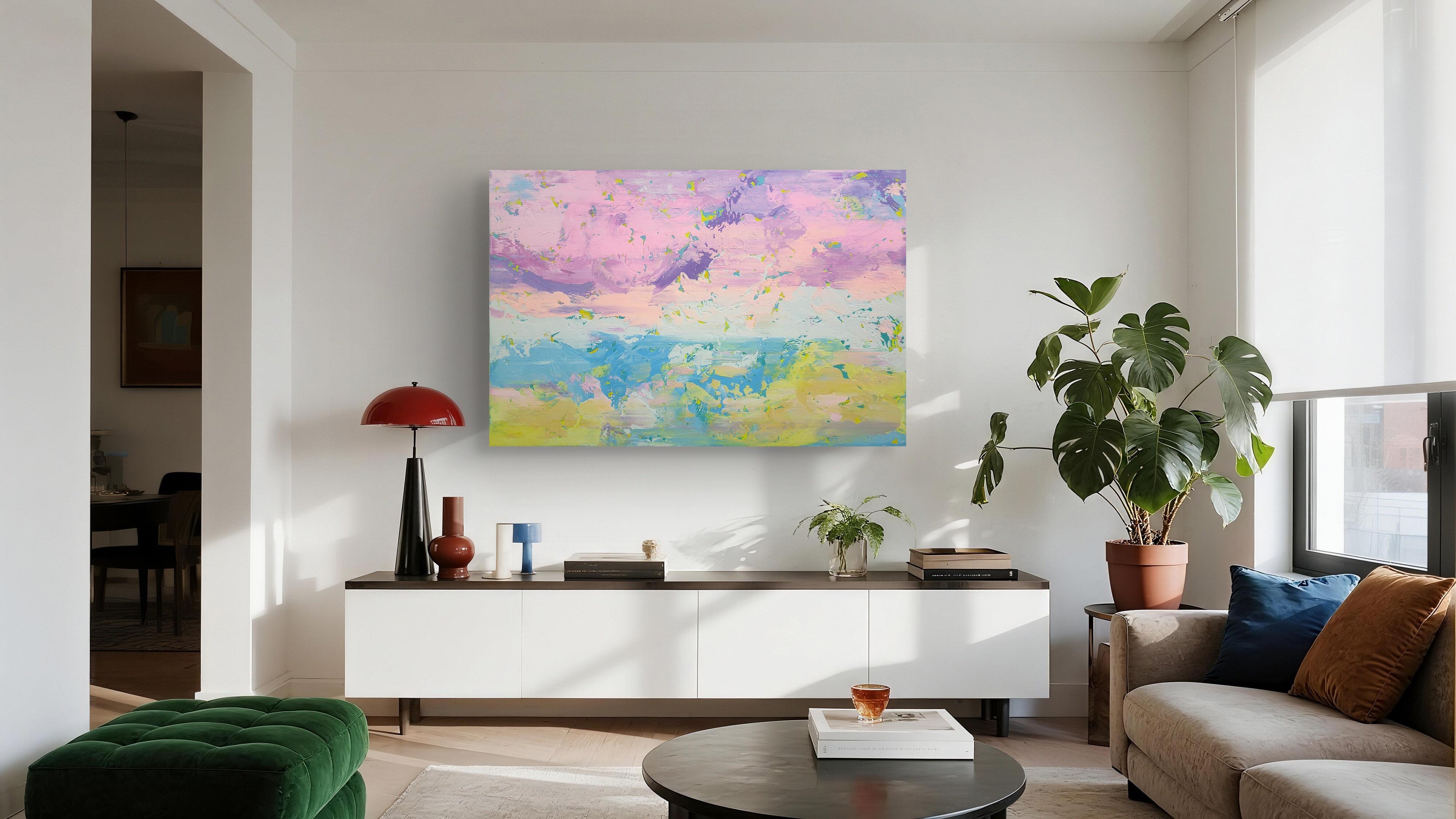 This artwork captures a dreamy landscape through a masterful blend of pastel colors. Soft pinks, purples, and blues dominate the scene, evoking a serene, ethereal atmosphere. Gentle brushstrokes create a fluid motion across the canvas, suggesting a