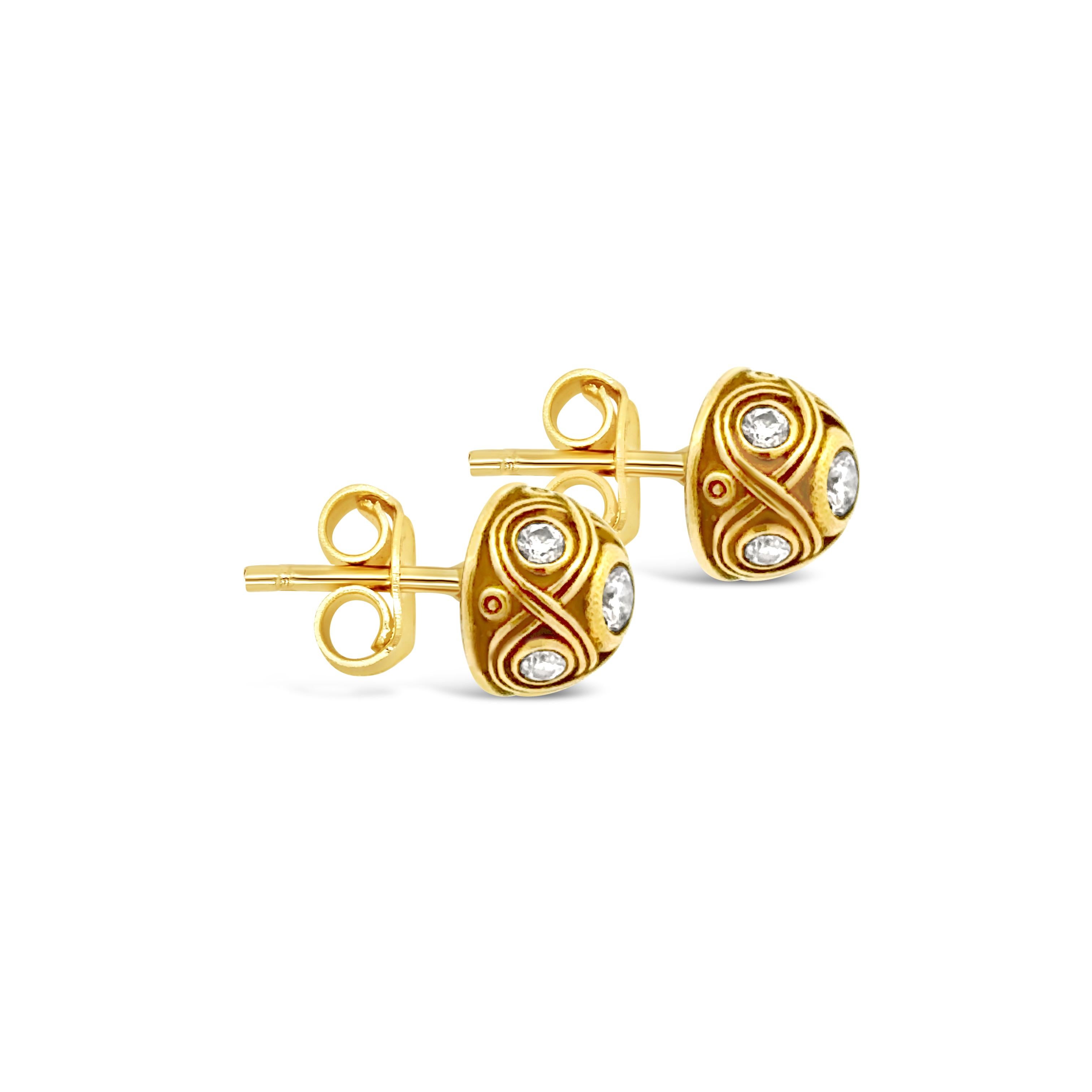 A wonderfully designed pair of stud earrings by Alex Sepkus, featuring half domes with multiple lines, sprinkled with bezel-set round brilliant cut diamonds weighing 0.27 carat total. Made with posts and backings.

Available in a matching necklace.