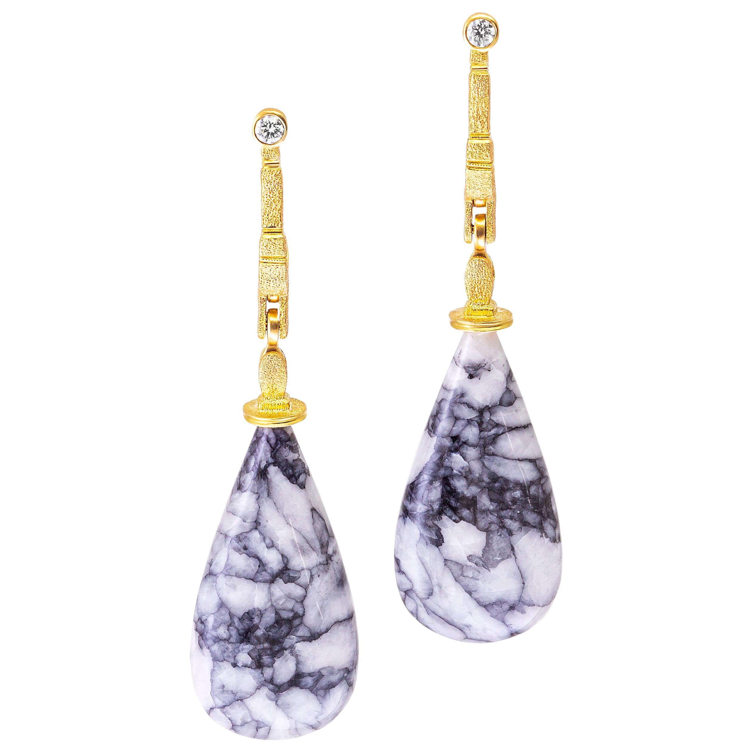 Alex Sepkus 18 Karat Yellow Gold Sticks and Stones Earrings with Pinolite Drops For Sale