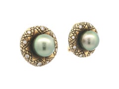 Alex Sepkus 18k Gold 10.5mm Tahitian Pearl w/ Diamond Detailed Button Earrings