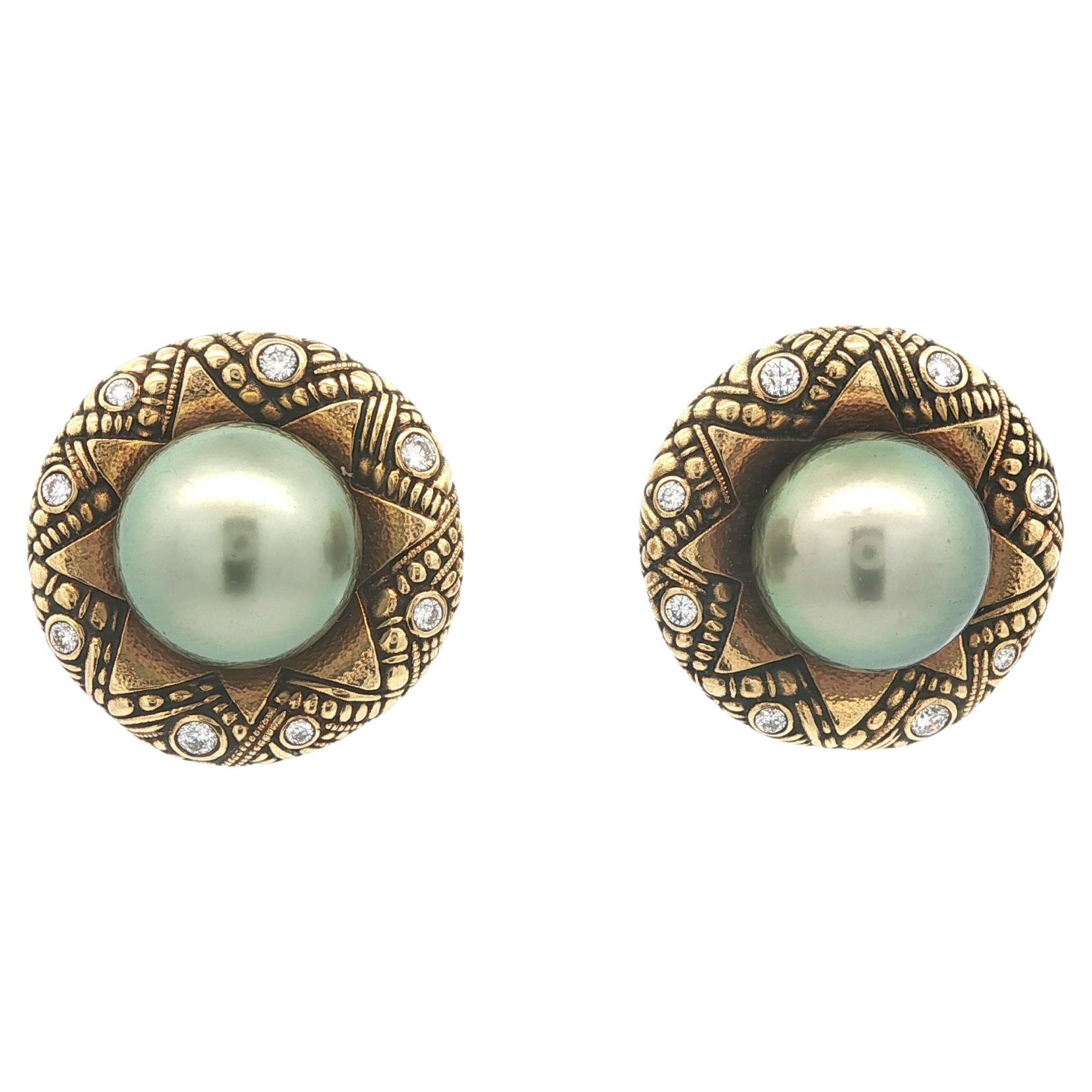 Alex Sepkus 18k Gold 10.5mm Tahitian Pearl w/ Diamond Detailed Button Earrings For Sale