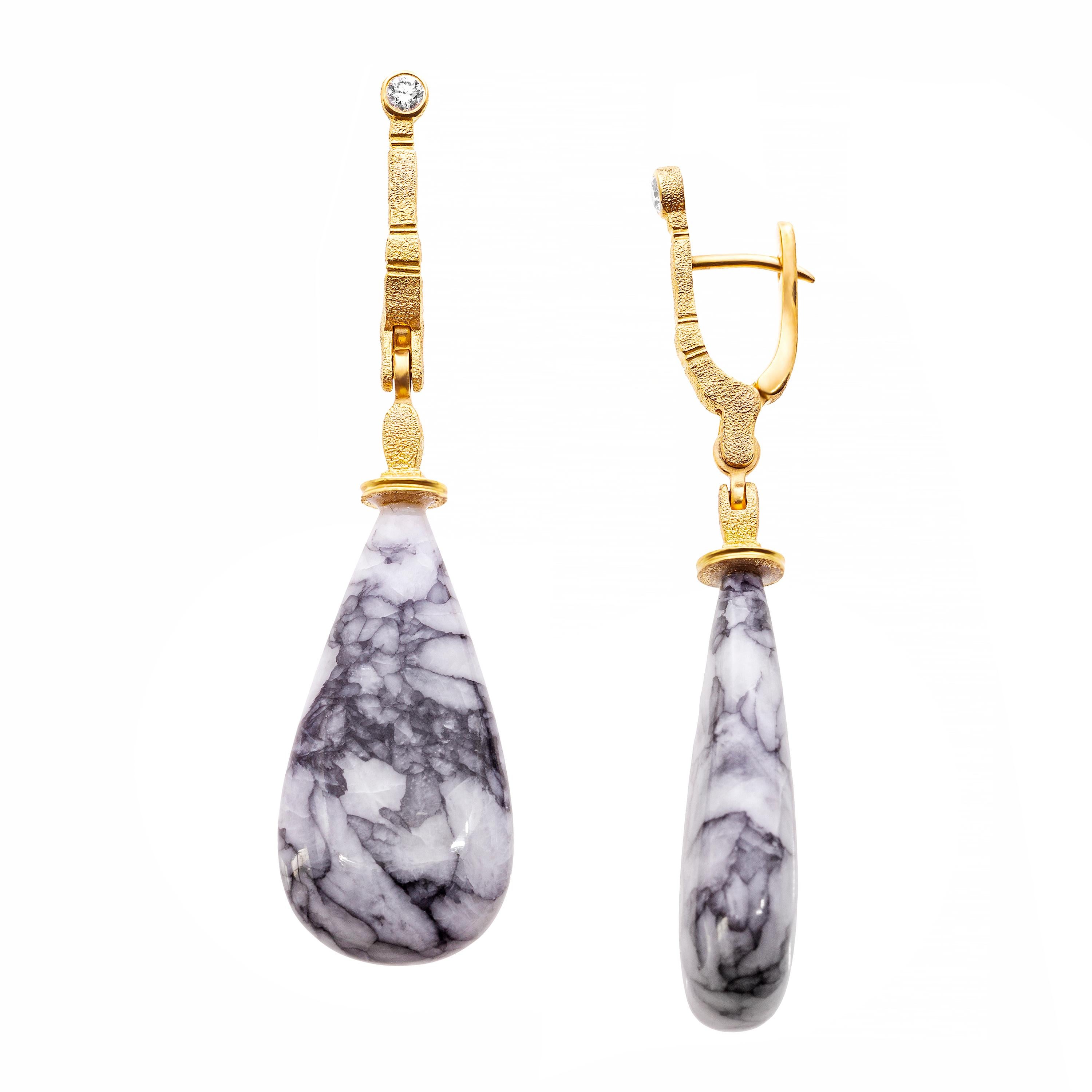 Brilliant Cut Alex Sepkus 18 Karat Yellow Gold Sticks and Stones Earrings with Pinolite Drops For Sale
