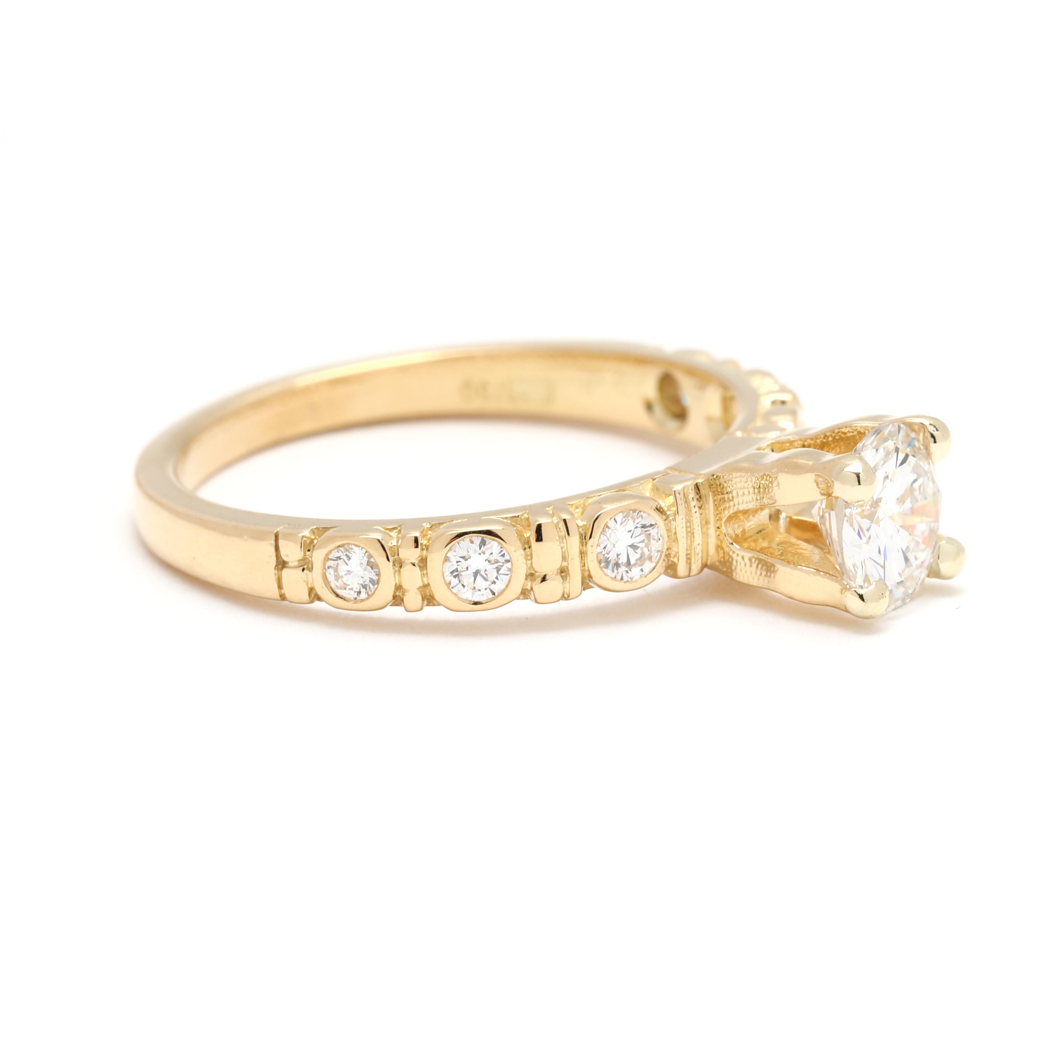 Steine:
Diamant
runder Brillantschliff, 1 Stein
5.47 x 5.47 x 3.25 mm
etwa 0,60 Karat insgesamt
FG Farbe/ SI2 Klarheit
runder Brillantschliff, 6 Steine
1,75 - 2,25 mm
etwa 0,18 Karat insgesamt
FG Farbe/ VS1-2 Klarheit

Ring Größe 6.25

Breite: 5,5