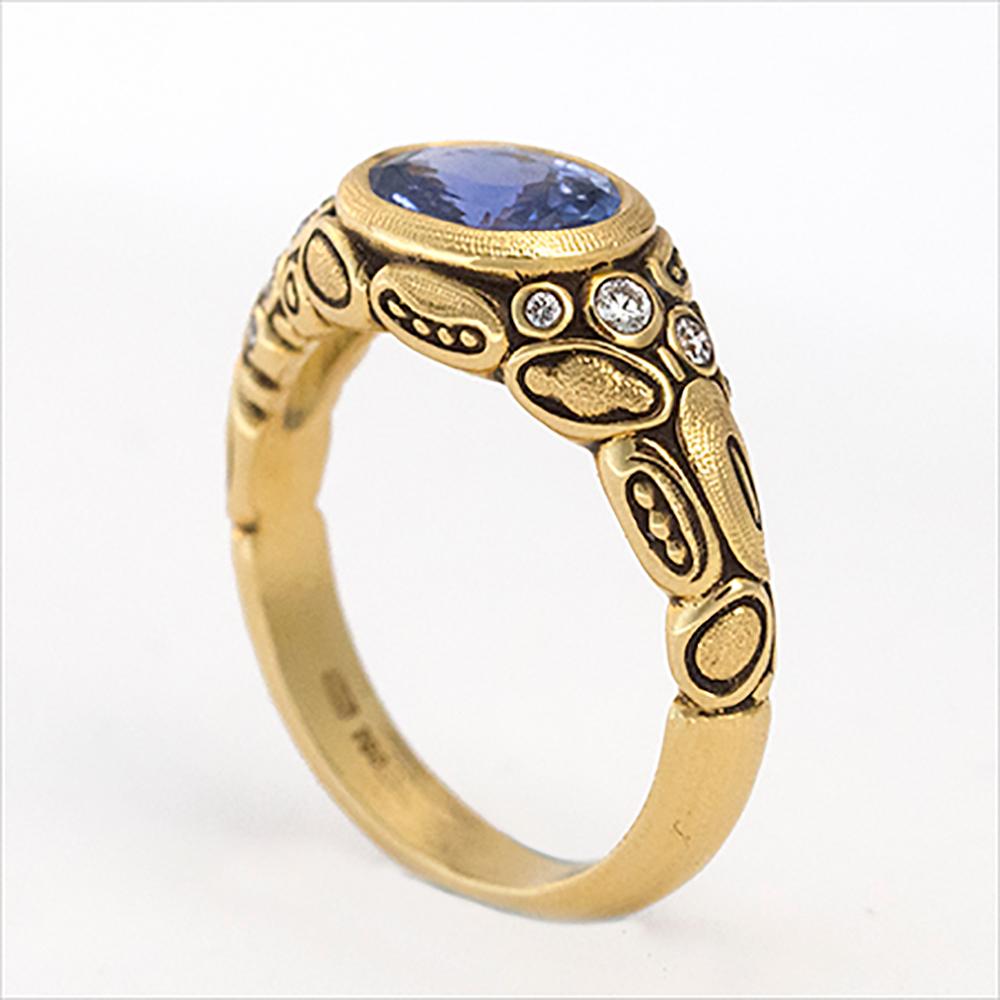 Contemporary Alex Sepkus Blue Sapphire and Diamond 18 Karat Gold Cocktail Ring 1.75 Carat