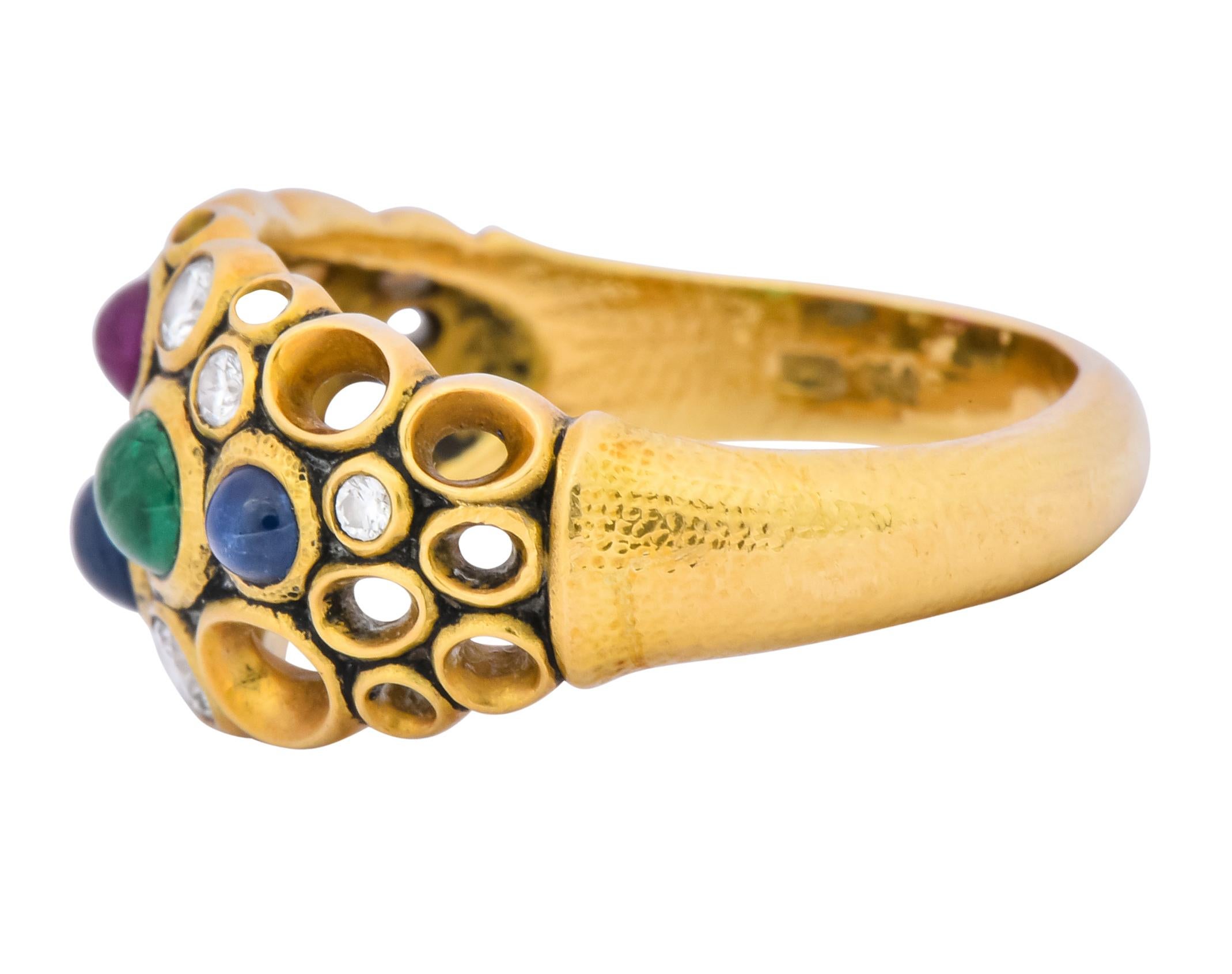 Women's or Men's Alex Sepkus Blue Sapphire Emerald Ruby Diamond 18 Karat Gold Cluster Ring