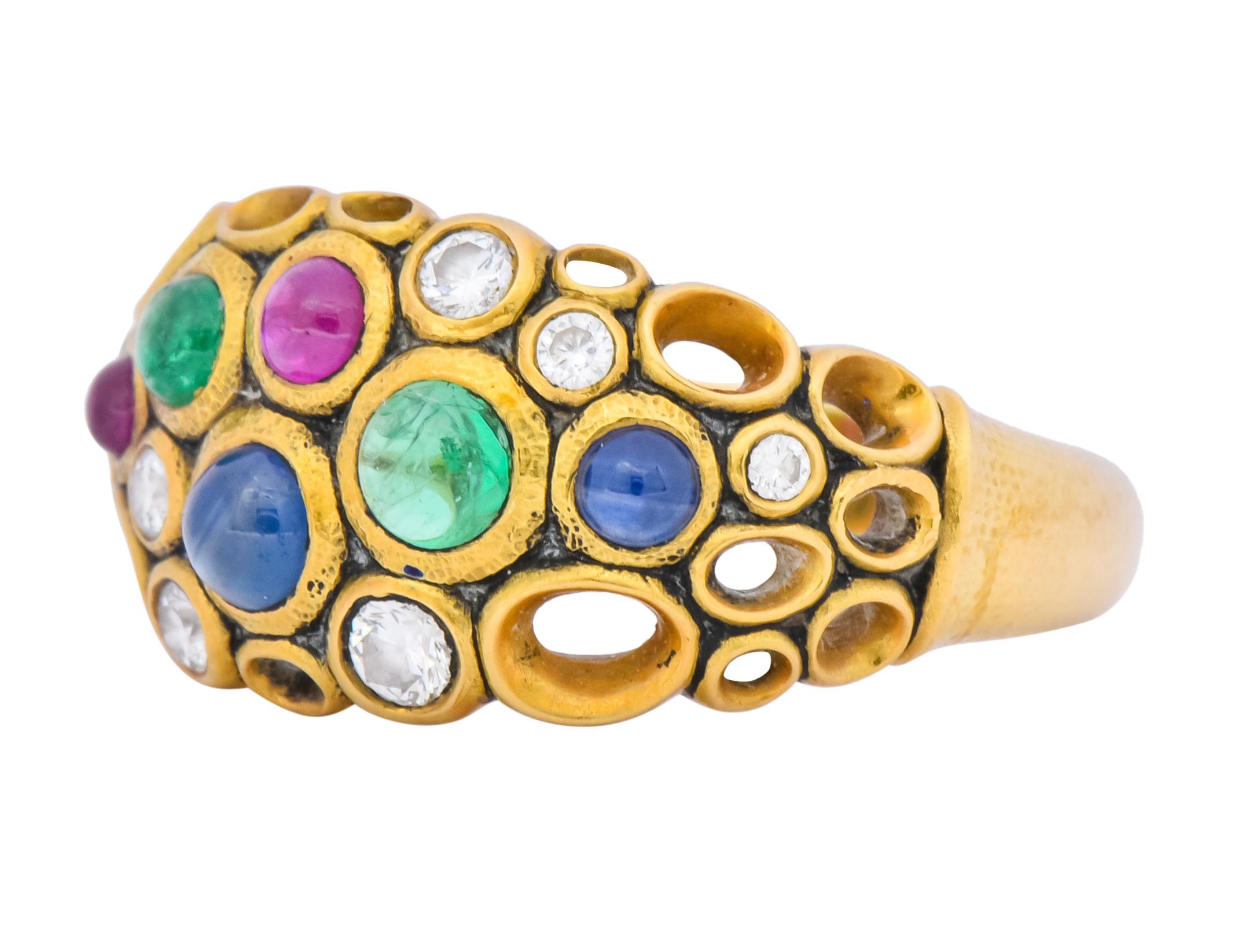 Alex Sepkus Blue Sapphire Emerald Ruby Diamond 18 Karat Gold Cluster Ring 1
