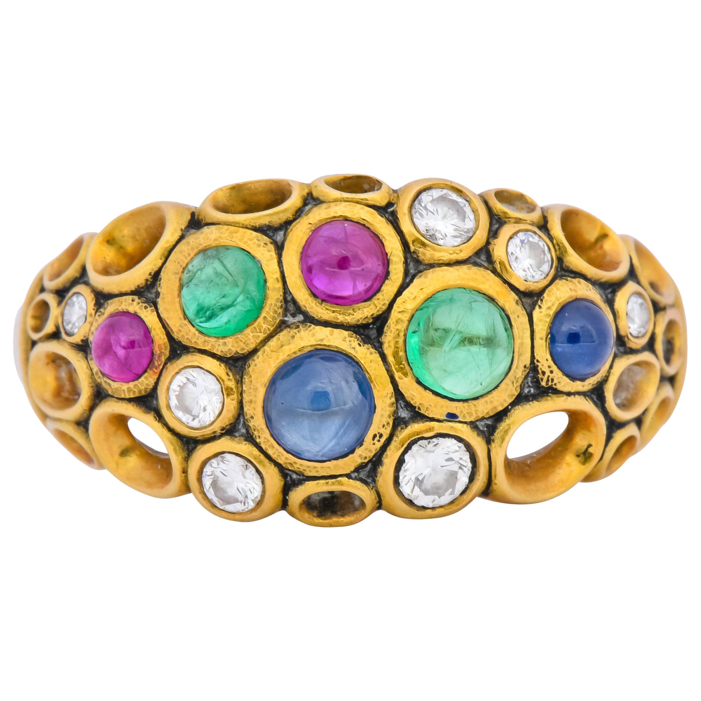 Alex Sepkus Blue Sapphire Emerald Ruby Diamond 18 Karat Gold Cluster Ring