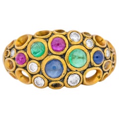 Alex Sepkus Blue Sapphire Emerald Ruby Diamond 18 Karat Gold Cluster Ring