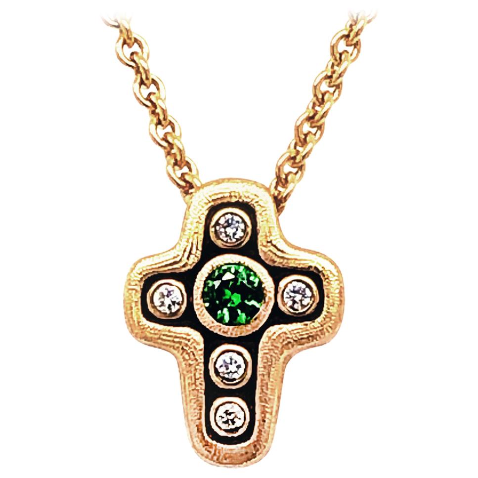 Alex Sepkus "Cross" Pendant Necklace with Tsavorite Garnet and Diamonds in Gold For Sale