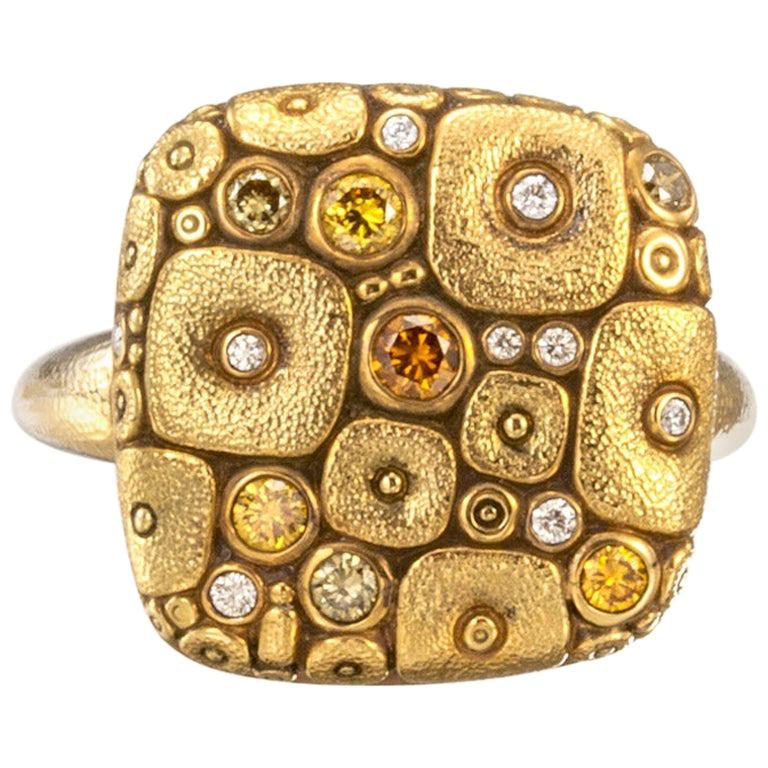 For Sale:  Alex Sepkus "Cushion" Ring with Yellow and White Diamonds in 18 Karat Gold