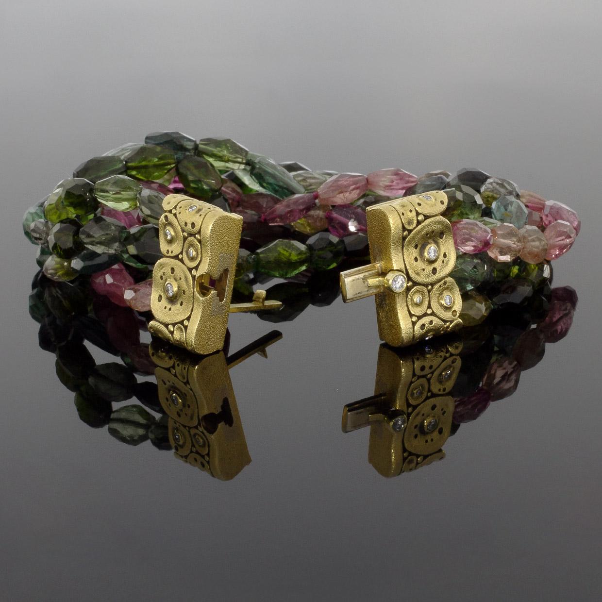 Alex Sepkus Lillies Yellow Gold Specialty Tourmaline and Diamond Beaded Bracelet In Excellent Condition In Columbia, MO