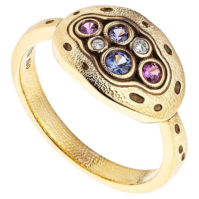 Alex Sepkus 'Little Pool' Diamonds and Sapphires Ring 18K Yellow Gold For Sale