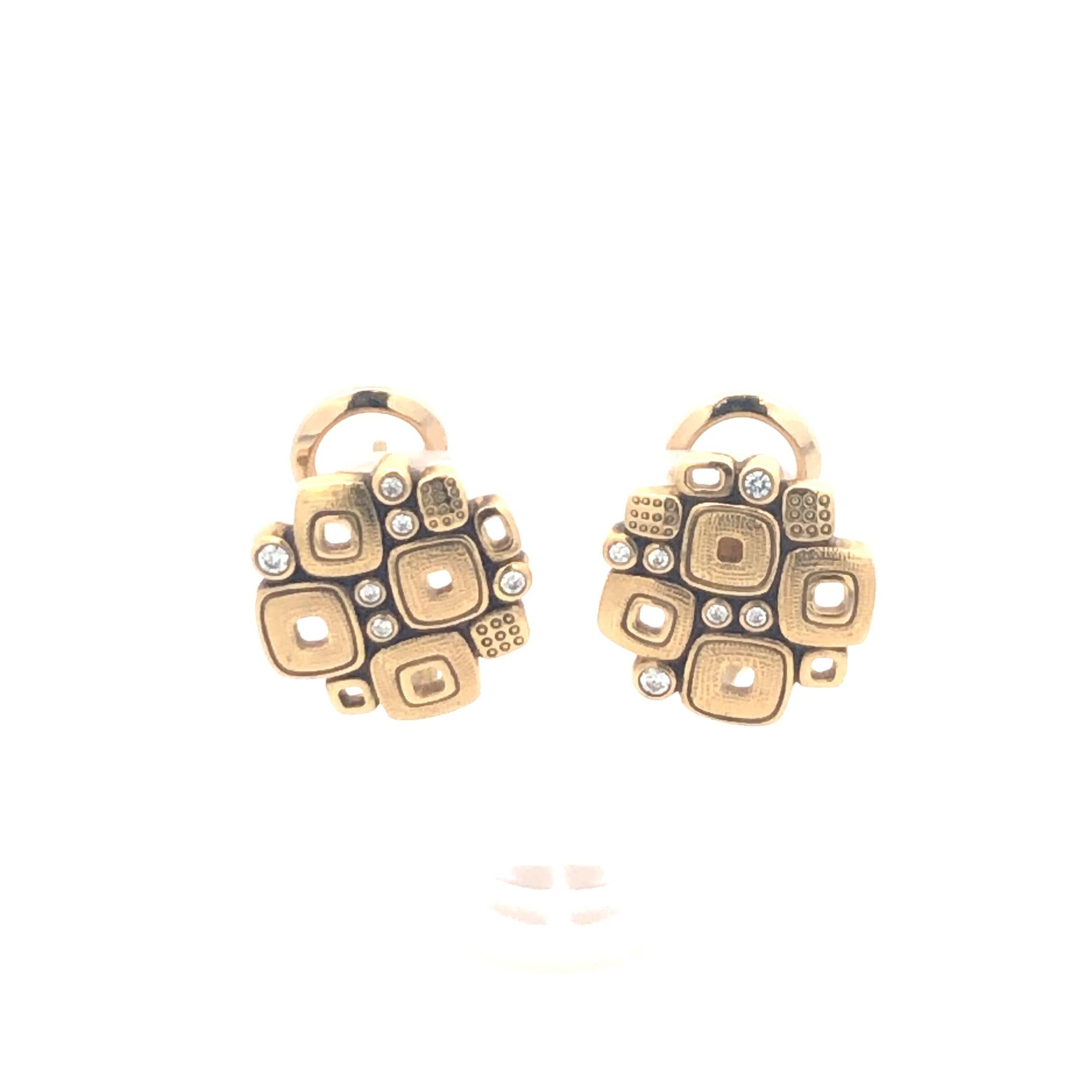 Alex Sepkus Kleine Fenster-Ohrringe.
Die Ohrringe verfügen über 12 runde Diamanten mit einem Gesamtgewicht von 0,15 Karat. 18K Gelbgold, 7,1 Gramm. 0,54 Zoll im Durchmesser.