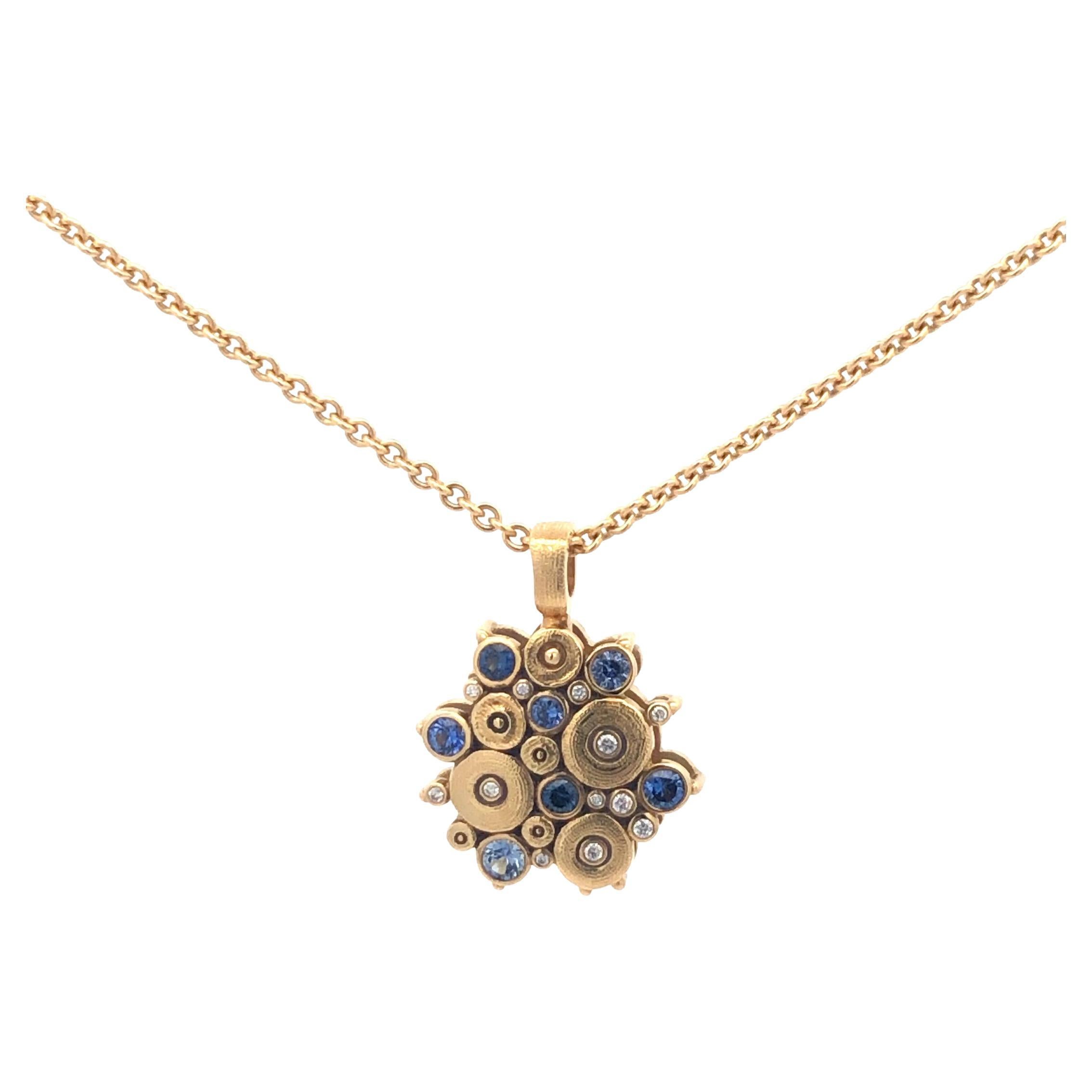 Alex Sepkus 'Ocean' Diamond and Sapphire Pendant on a 18'' Chain 18K Yellow Gold For Sale
