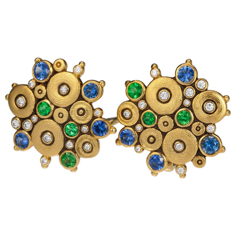 Alex Sepkus Ocean Earrings with Blue Sapphires and Green Tsavorites in Gold