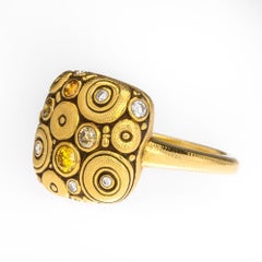Alex Sepkus "Orchard" Cushion Ring with Yellow and White Diamonds in Gold