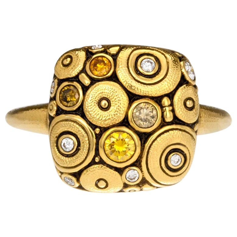 For Sale:  Alex Sepkus "Orchard" Cushion Ring with Yellow and White Diamonds in Gold