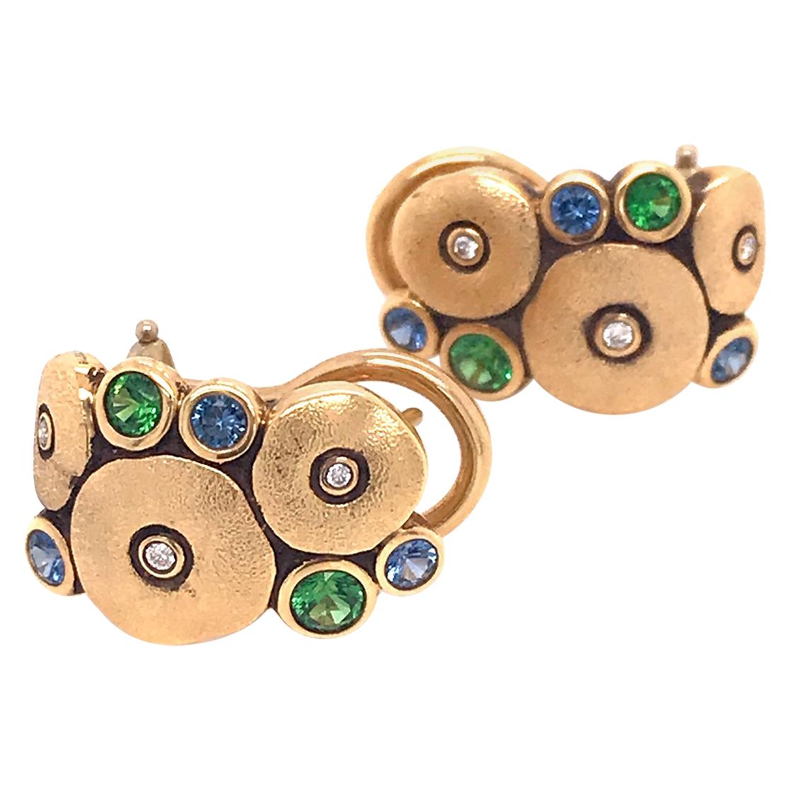 Alex Sepkus "Orchard" Earrings with Blue Sapphires and Green Tsavorites in Gold For Sale