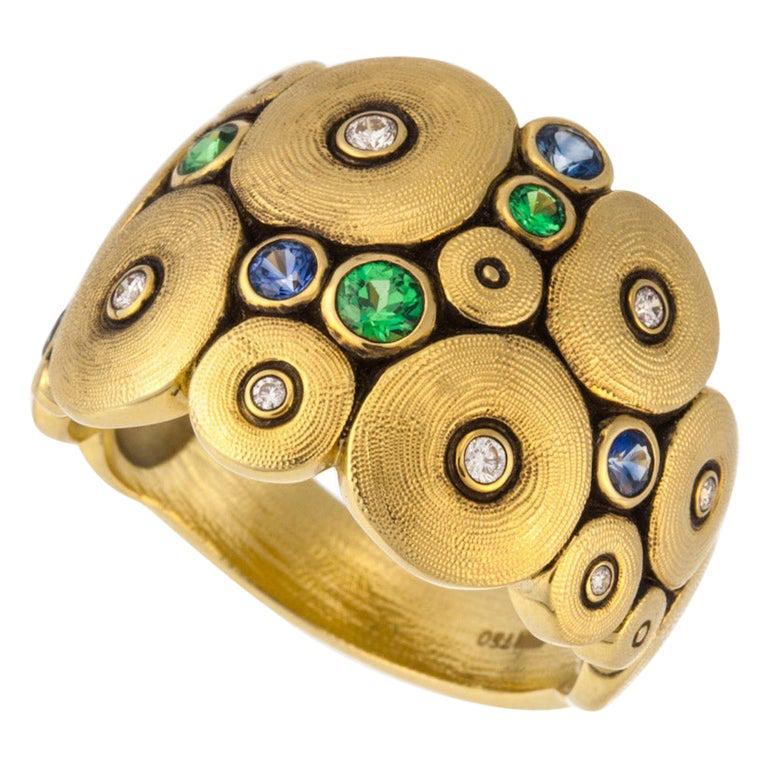 For Sale:  Alex Sepkus Orchard Ring with Blue Sapphire and Green Tsavorite, 18 Karat Gold