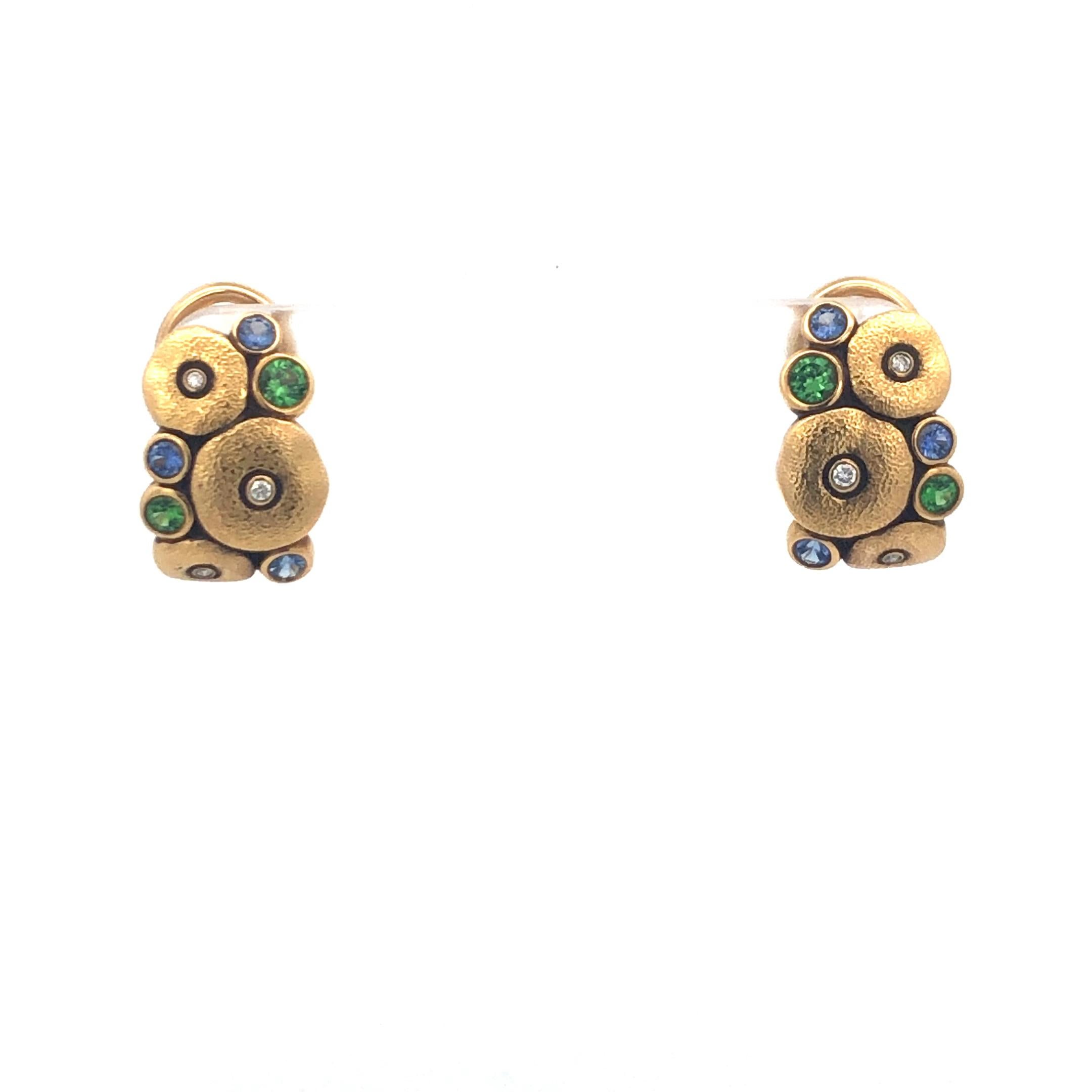 Alex Sepkus Orchard Earrings, 6 Sapphires 4 Tsavorites With 0.60Ctw, 6 Diamonds 0.04Ctw, 18K Yellow Gold.
Details: 7.8 Grams
.5