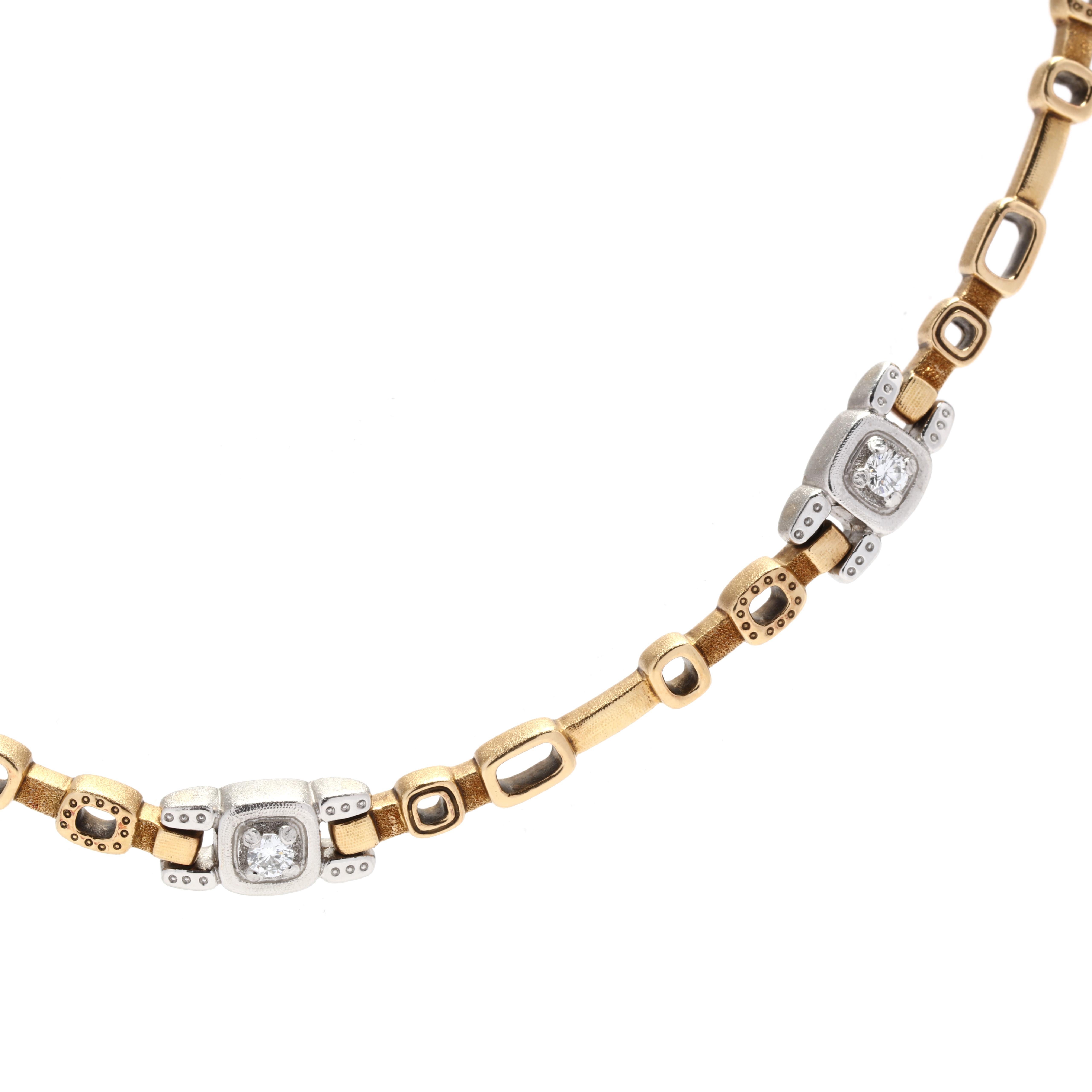 An Alex Sepkus 'Path' diamond collar necklace. This simple necklace features alternating modern rectangular gold bar links with square platinum links with bezel set round brilliant cut diamonds weighing approximately .56 total carats and with an