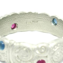 Alex Sepkus Platinum Sapphire and Ruby Scroll Detail Domed Band Ring