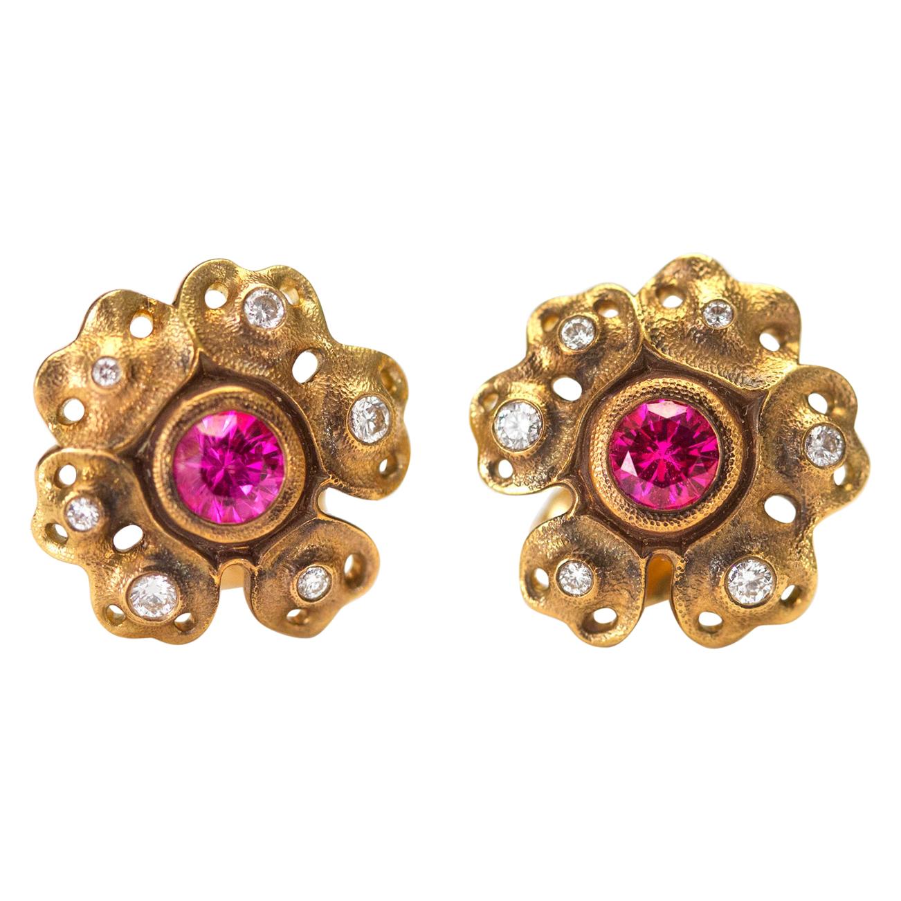 Alex Sepkus "Rosette" Stud Earrings with Pink Sapphire and Diamonds in 18kt Gold