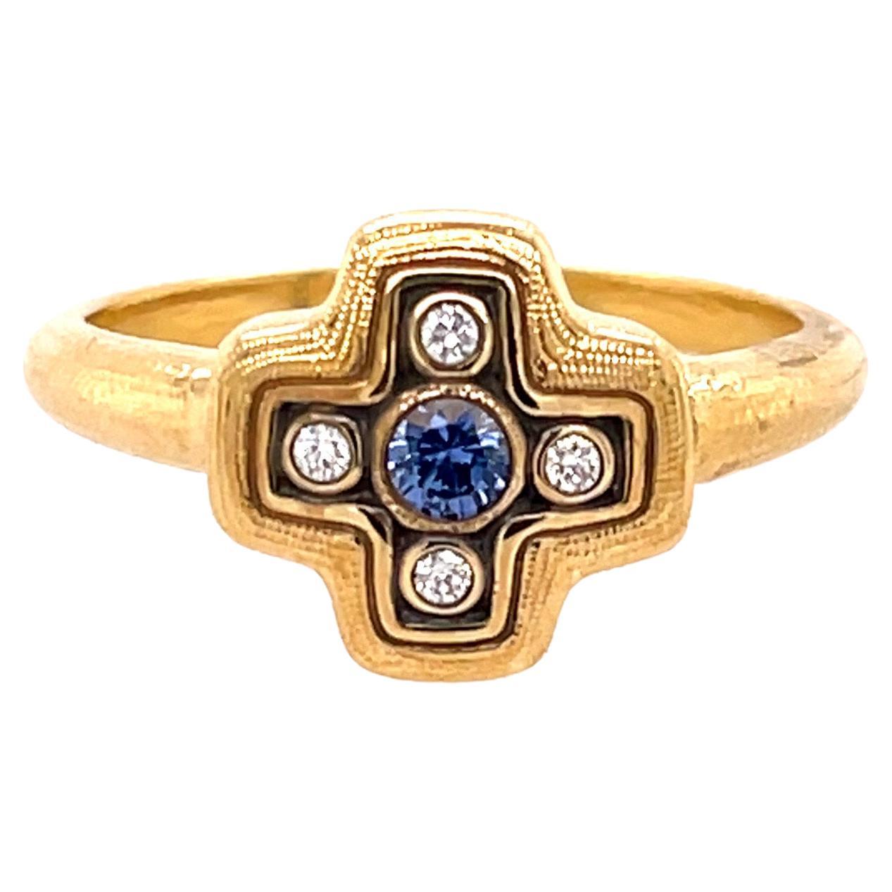 Alex Sepkus Sapphire and Diamond "Little Cross" Ring 18k Yellow Gold