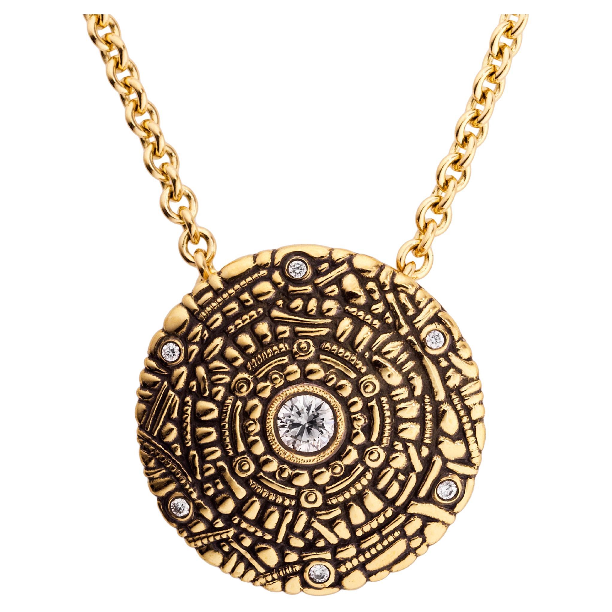 Alex Sepkus 'Shield' Pendant with Diamonds on a 18'' Cable Chain 18K Yellow Gold For Sale