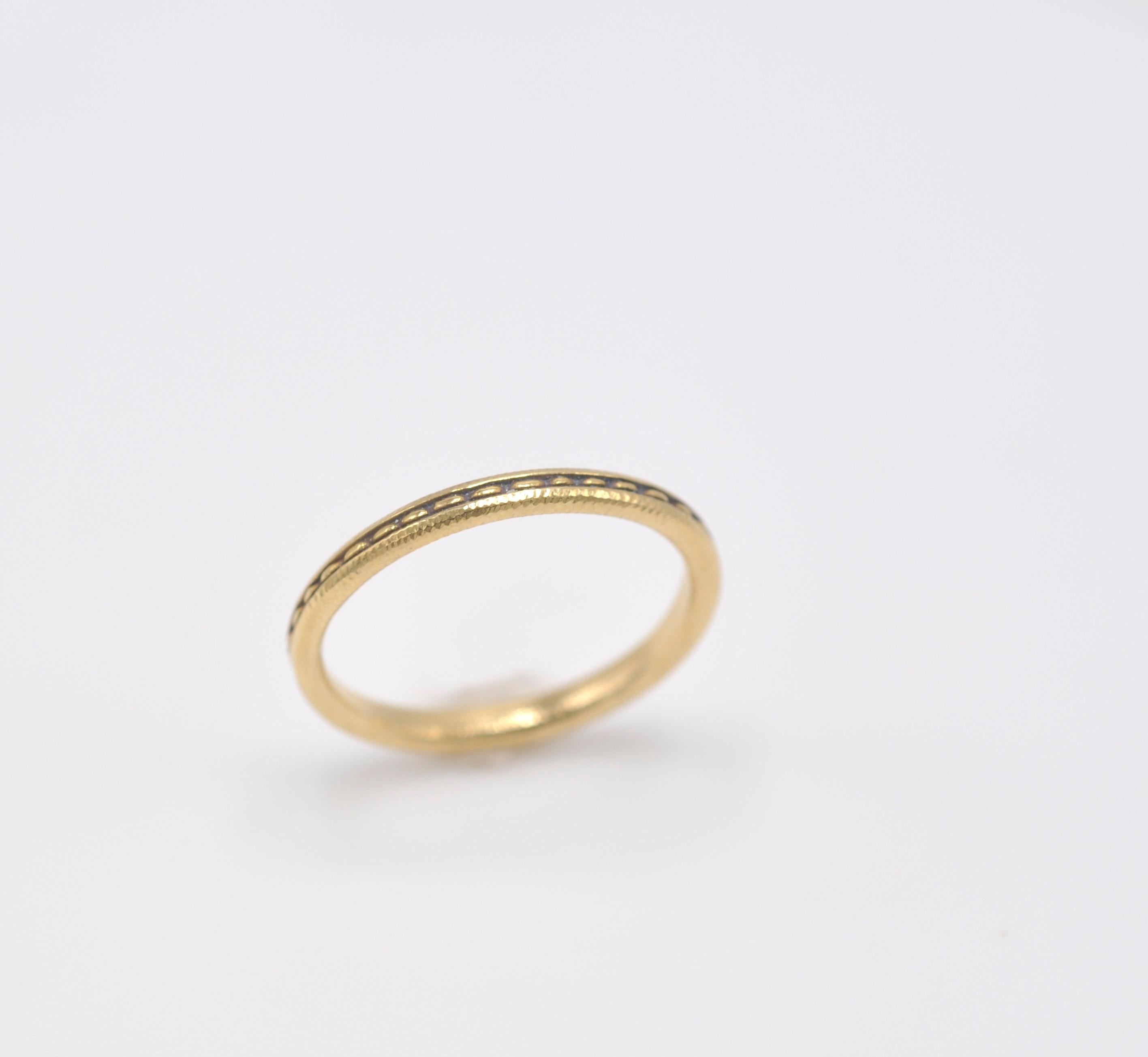 18K Gold 2.2mm Wide Alex Sepkus Band with Single Dash design. This band is currently a size 7.25 but could go up or down one size, however, it would need to be done by Alex Sepkus themselves and would require additional time.
