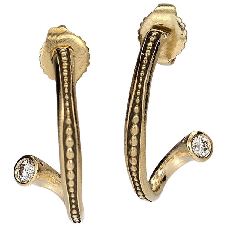 Alex Sepkus "Twist Hoop" Earrings with White Diamonds in 18 Karat Yellow Gold For Sale