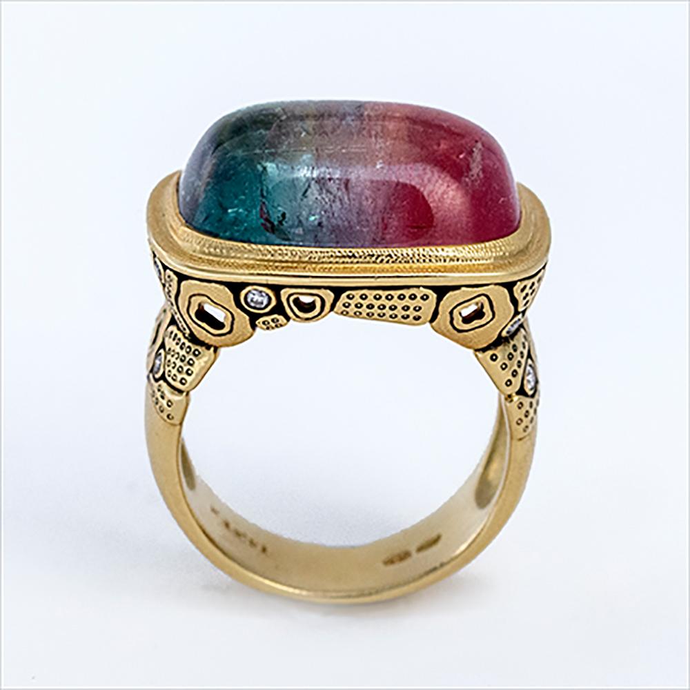 From the studio of Alex Sepkus in New York - 18 karat yellow gold ring with stunning cushion shaped cabochon bicolor watermelon tourmaline, set with 11 brilliant cut white diamonds. This ring is of heirloom quality you love and expect from Alex