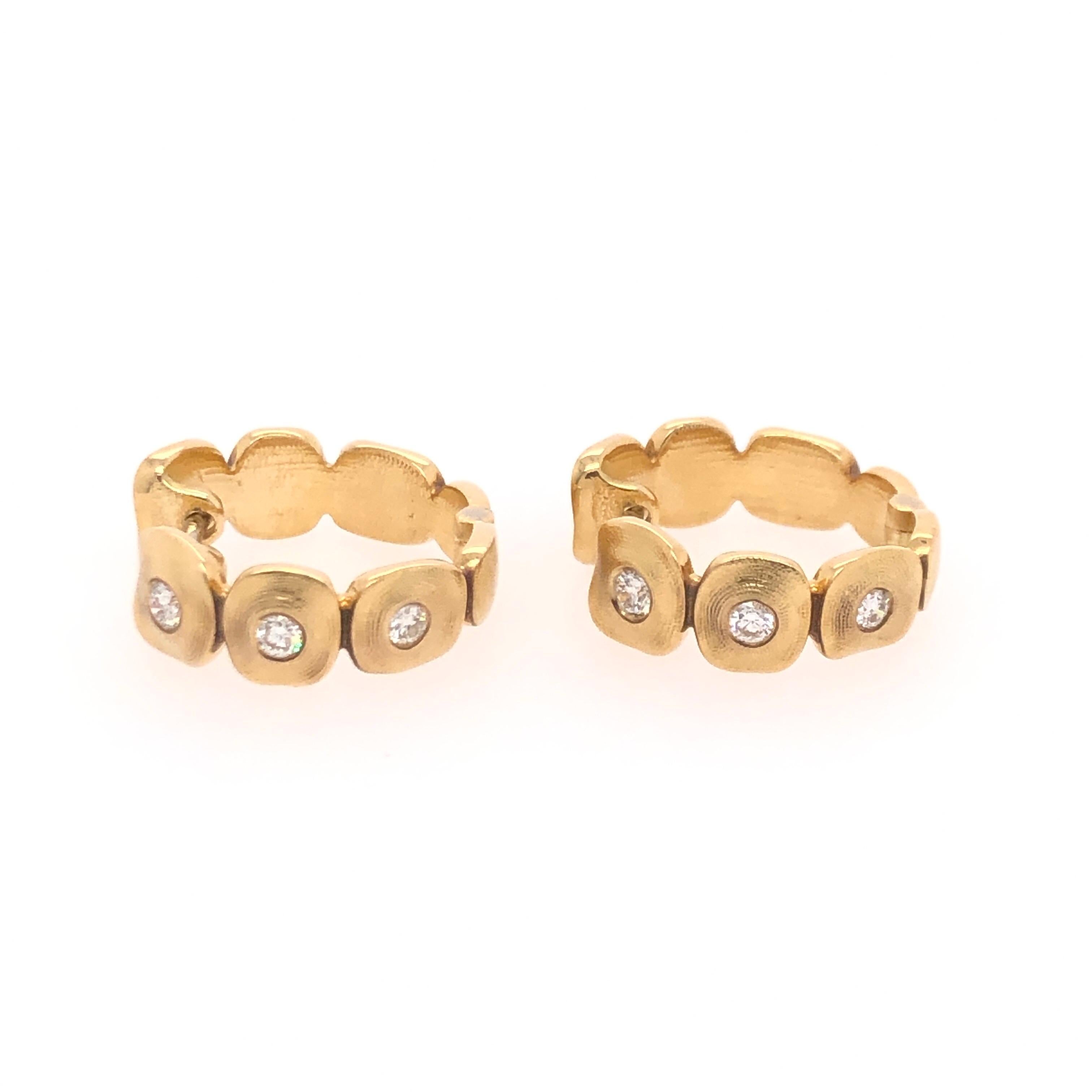 Alex Sepkus 18K and Diamond Dancing Squares Earrings. These huggie earrings have 6 diamonds with a total weight of 0.19 CTS. Earrings are flexible and can be worn with diamonds on outside or inside.