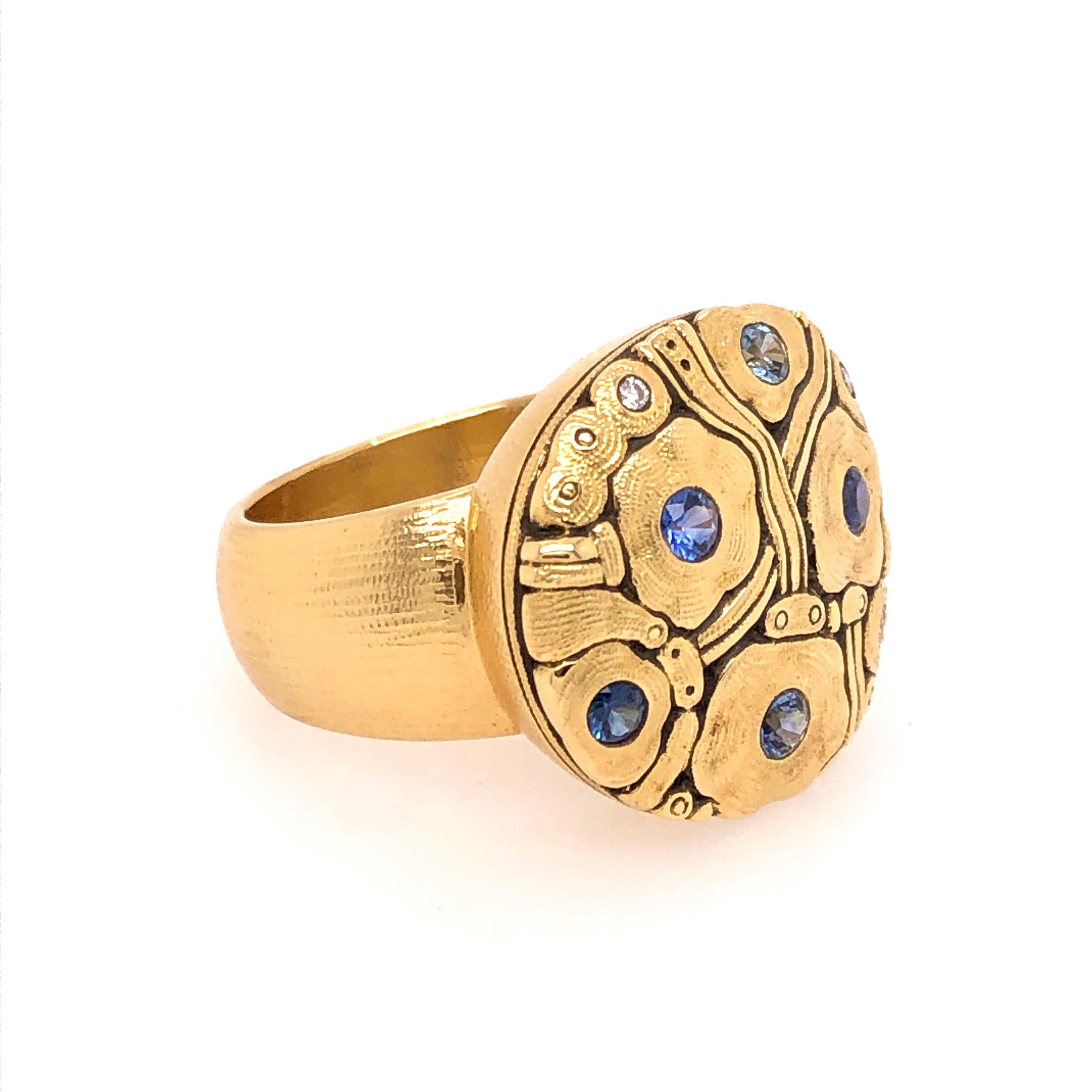 18K Yellow Gold Alex Sepkus Flora Ring with 5 Carats .34CT Sapphires and .04CT 3 diamond ring.  Currently size 6.5 and can be sized but this will add to the delivery time.  