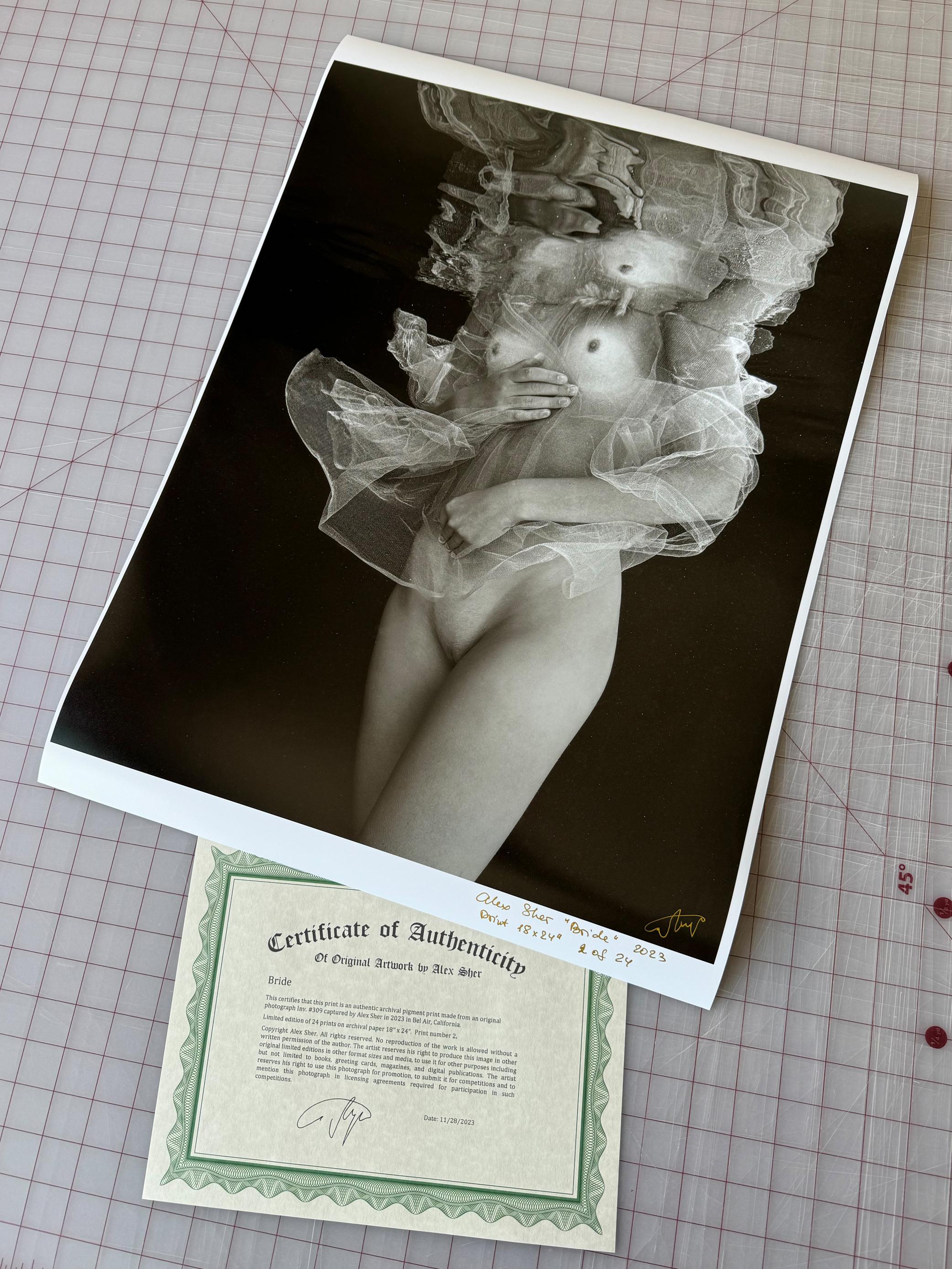 Bride - underwater black & white nude photograph - archival pigment print 22x18