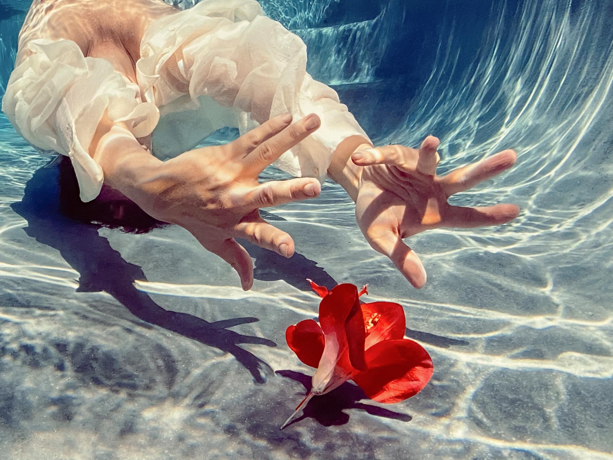 Unterwasserfoto eines Mannes, der in einem Pool taucht und sich an eine Blume lehnt. Ein sehr helles Foto mit viel Sonne und Positivität.

Original-Digitaldruck auf Aluminiumplatte, vom Künstler signiert.
Limitierte Auflage von 24 Stück
Das