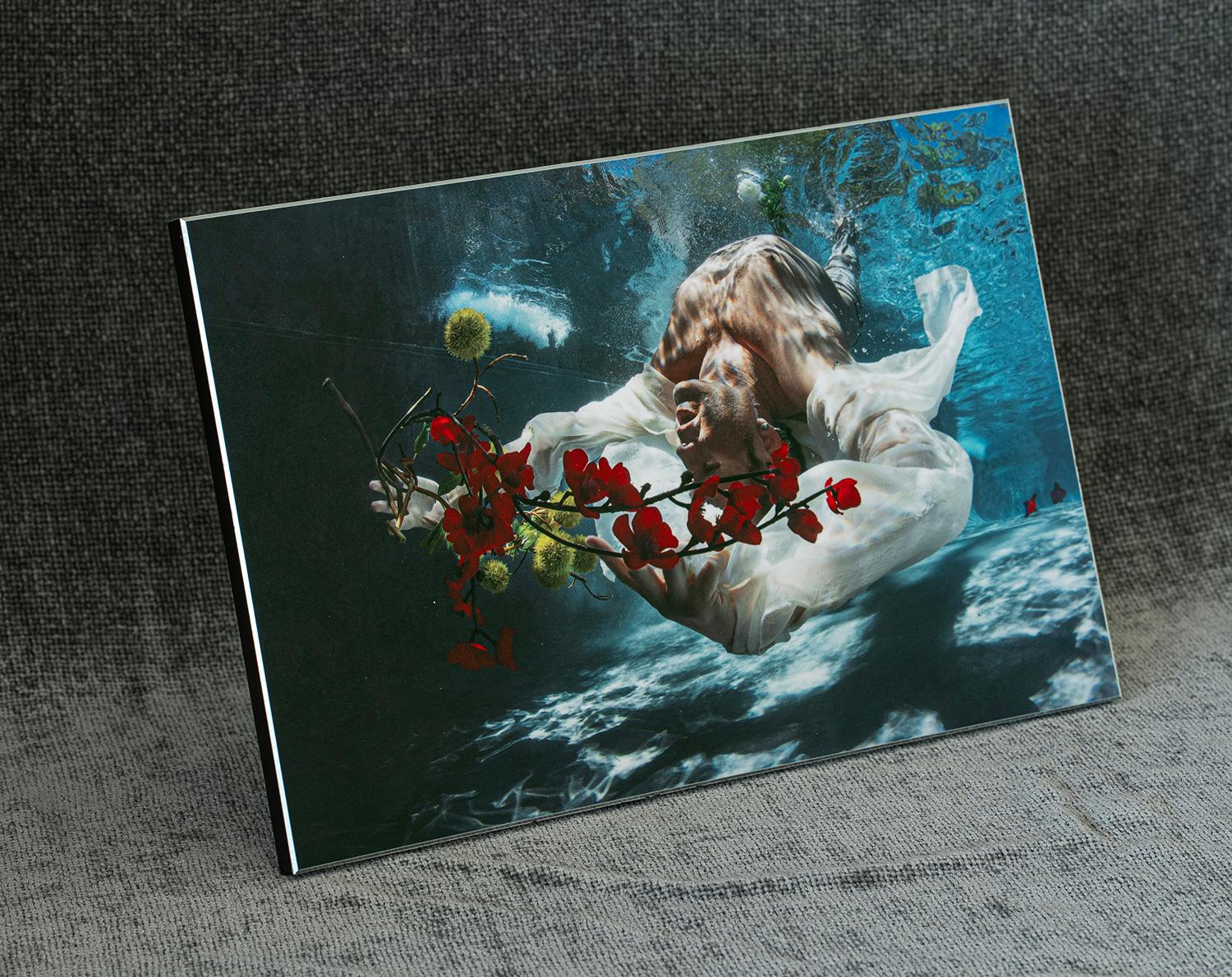 Diese beeindruckende Unterwasserfotografie zeigt eine in fließenden weißen Stoff gehüllte Figur, die zwischen Welten mit leuchtend roten Blüten und gelben kugelförmigen Elementen schwebt. Das satte Türkis des Wassers schafft eine traumhafte