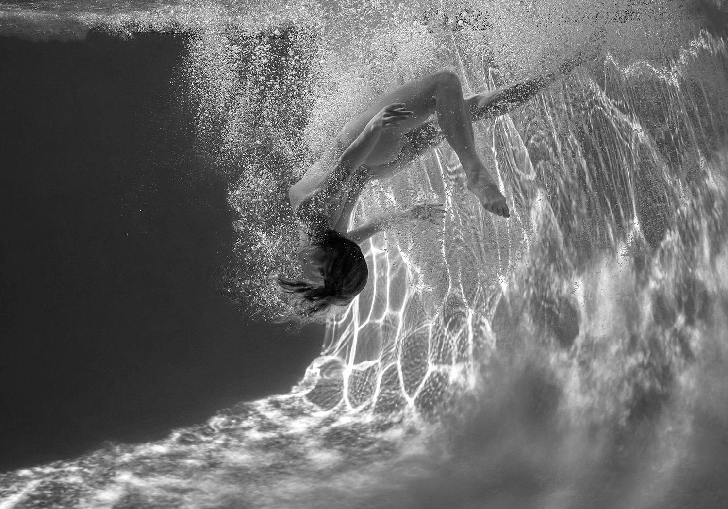 Dragon Mouth Trip - underwater black&white nude photograph - archival print  - Photograph by Alex Sher