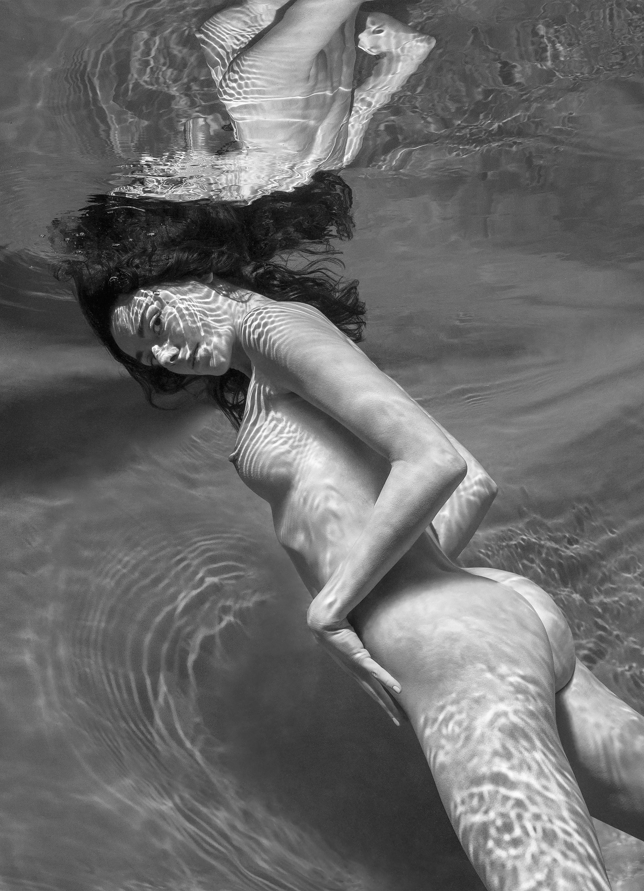 Alex Sher Black and White Photograph - Eyes and Stripes - underwater b&w nude photograph - print on aluminum 36х26"