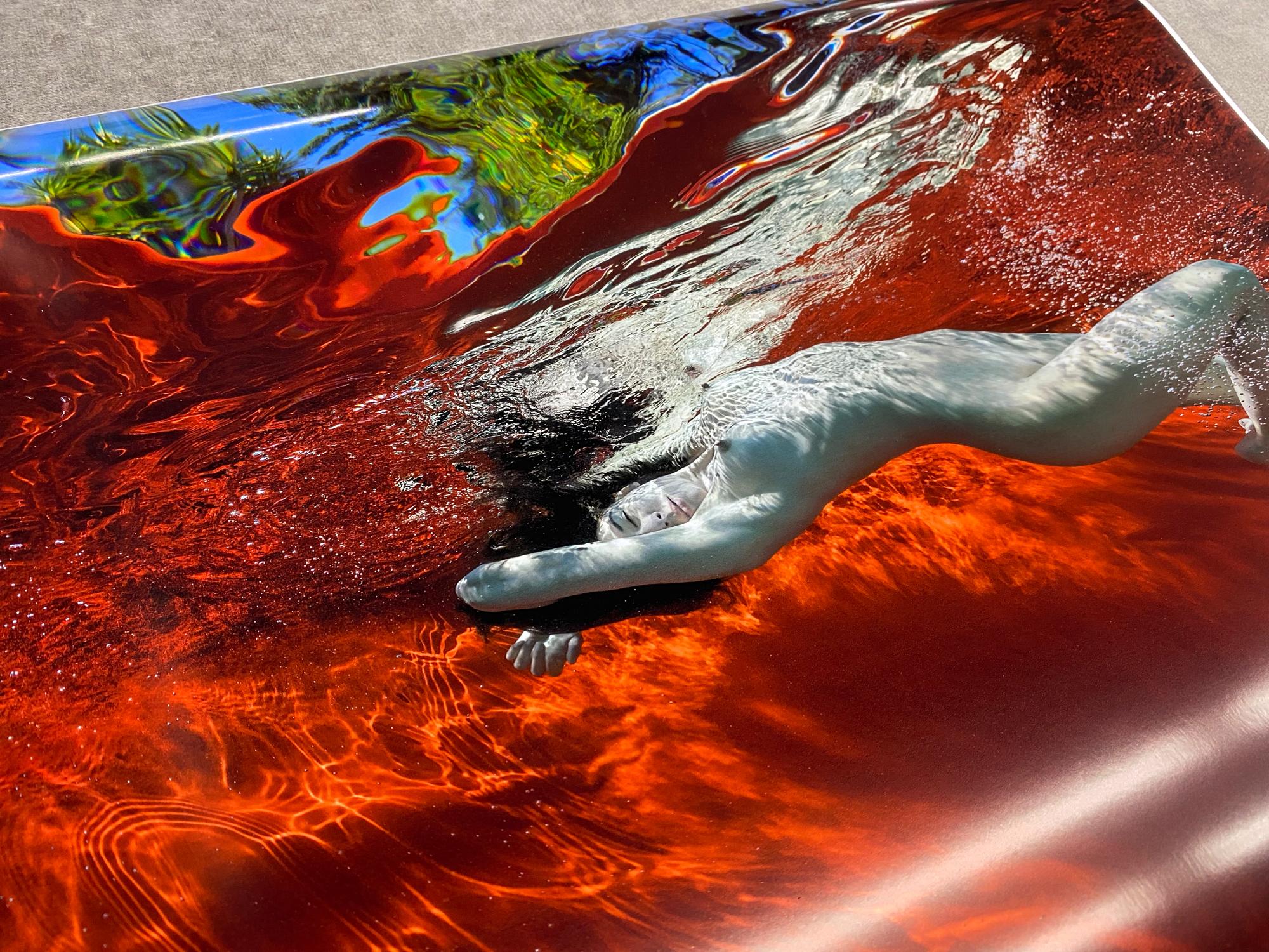 Ein Unterwasserfoto einer nackten jungen Frau mit dunklem Haar auf rotem Hintergrund. Der Pool ist in den Garten gebaut und man kann durch die Wasseroberfläche hellgrüne Bäume und den blauen Himmel sehen.

Digitaler Archivpigmentdruck in