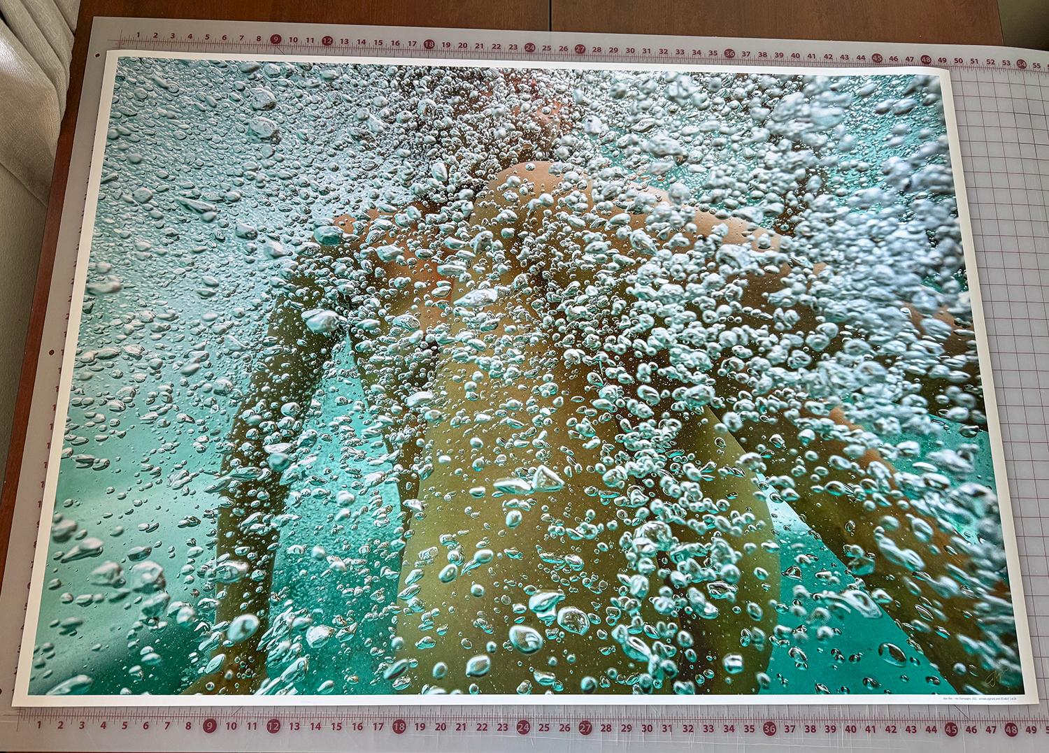 Photographie sous-marine d'une jeune femme nue enveloppée de bulles. Il s'agit d'un  photographie lumineuse de haute résolution avec de riches tons verts et dorés migrant vers le bleu et l'orange.

Tirage pigmentaire original de qualité galerie