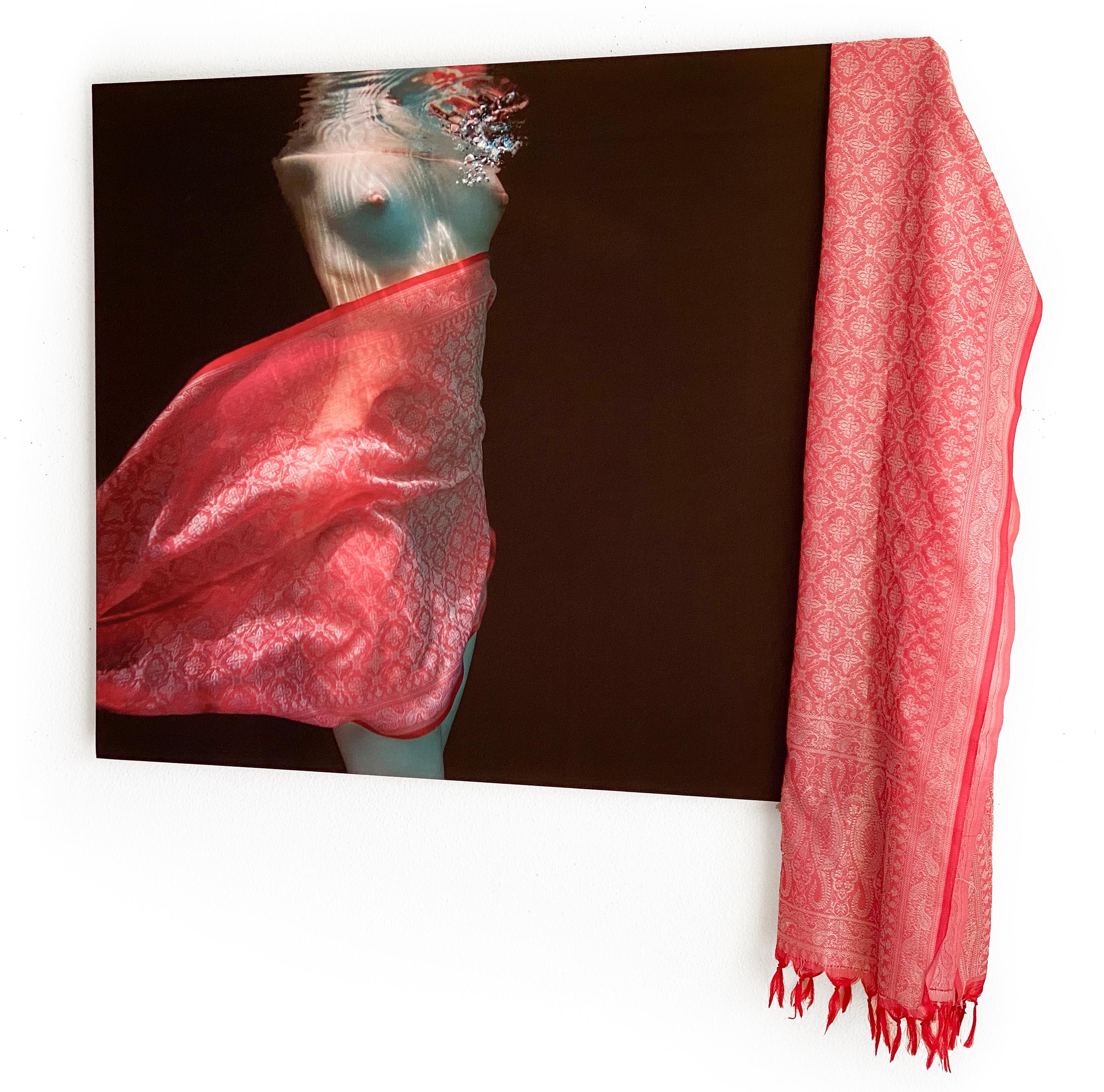 Alex Sher Figurative Photograph - Indian Scarf  - underwater nude photograph - print on aluminum - with the scarf