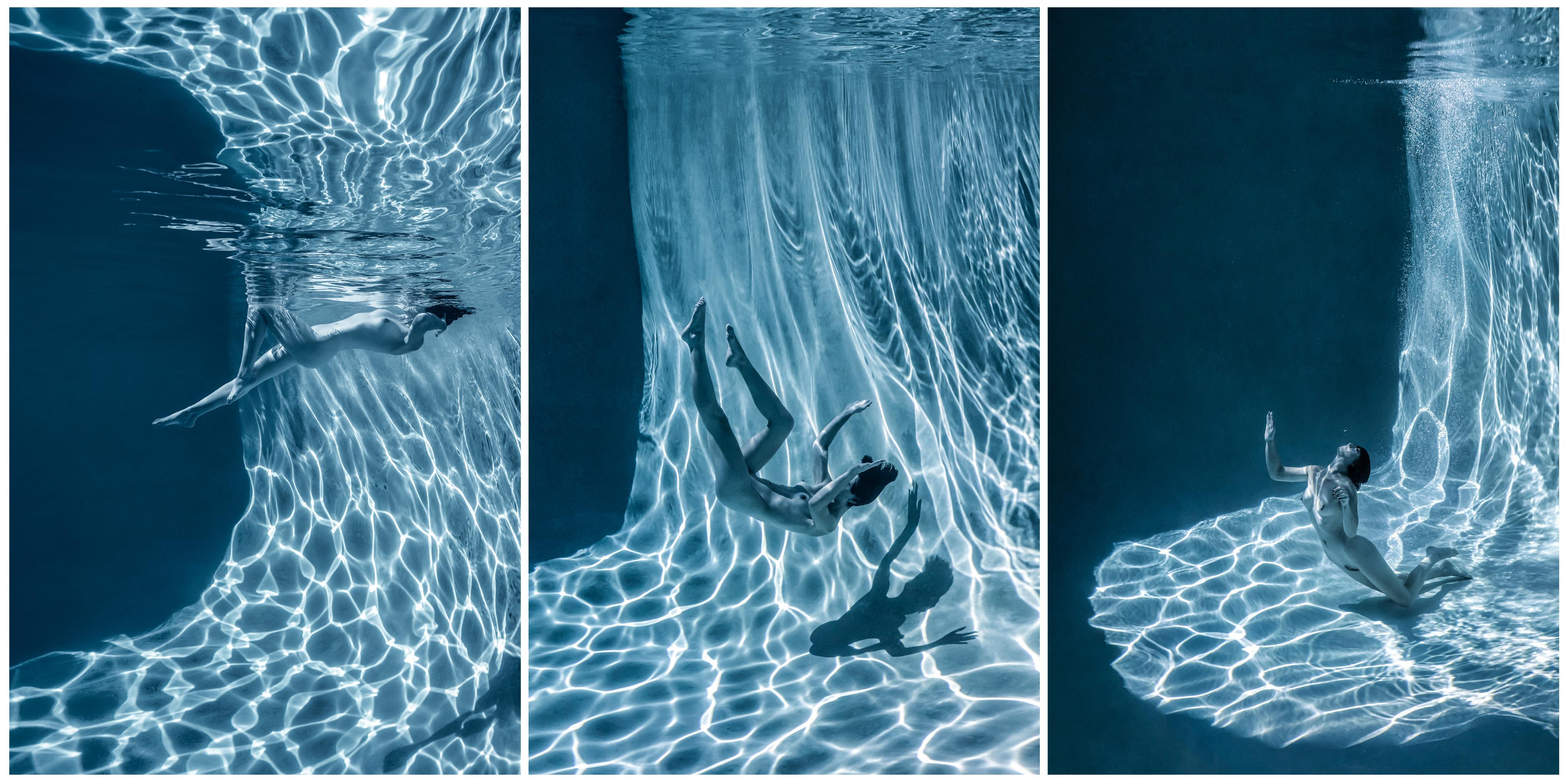 Alex Sher Black and White Photograph - Marble Cave (blue triptych) - underwater nude photograph - 3 prints 24"x18" each