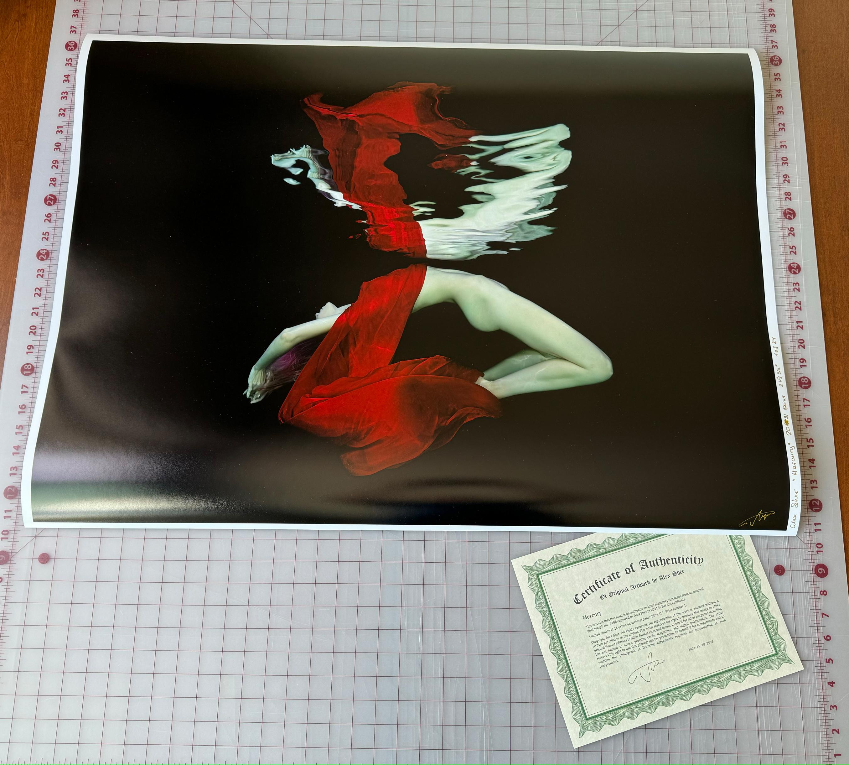 This striking underwater nude photograph captures dramatic movement against a pure black backdrop, where flowing crimson fabric creates dynamic contrast with pale forms. The composition evokes classical mythology while employing contemporary